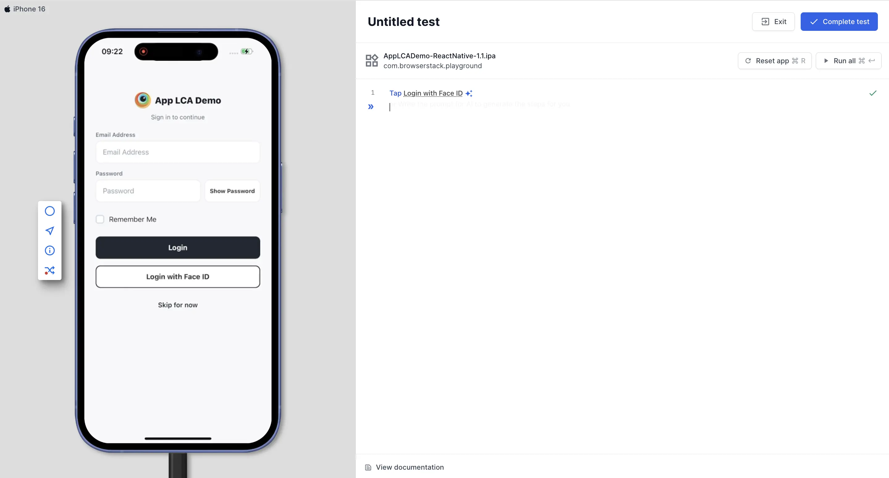 Test editor with a step that taps the Login with Face ID button on the device