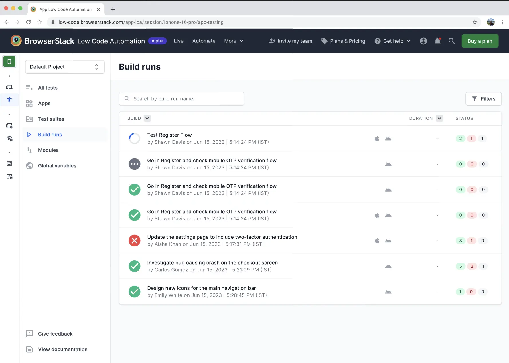 Builds page in App Low Code Automation showing a searchable list of builds with status indicators and filter options.