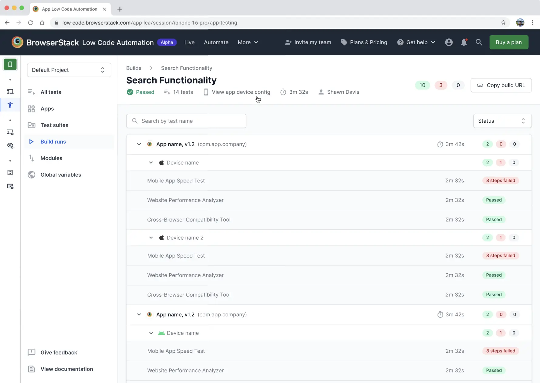 Open build details page in App Low Code Automation showing build information and test results.