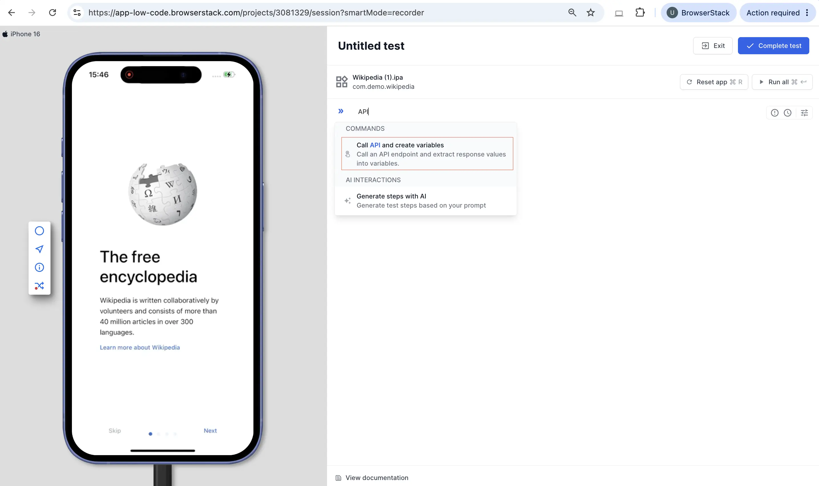 Call API and create variables command in the test editor