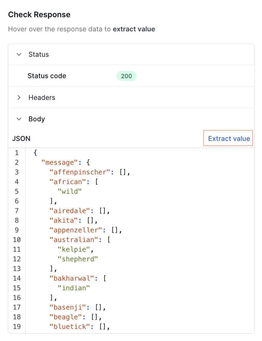 The Extract value option in the expanded response body