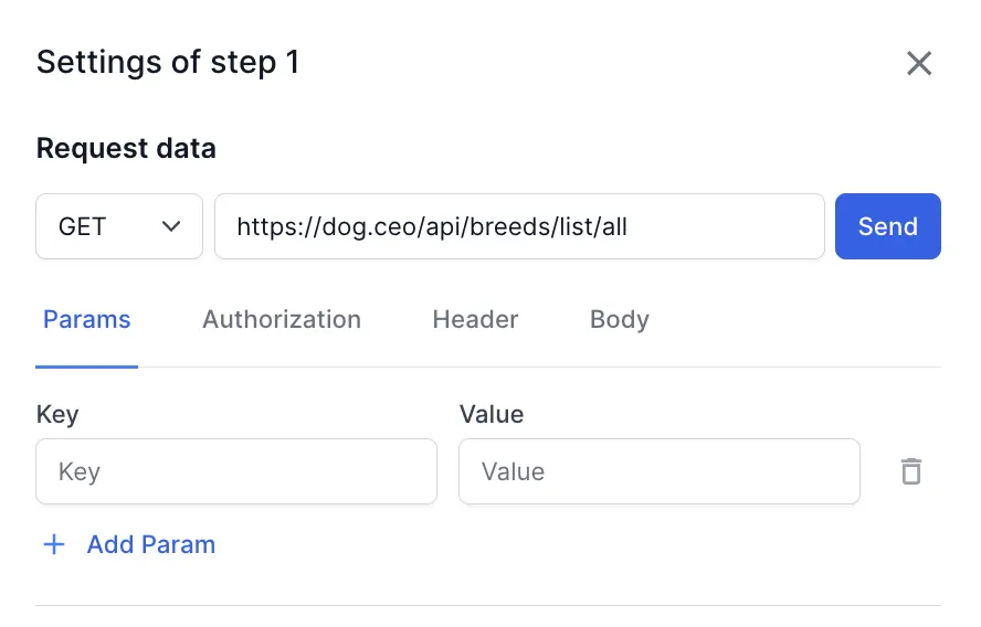 Configure the API request data, wait time out, and failure logic