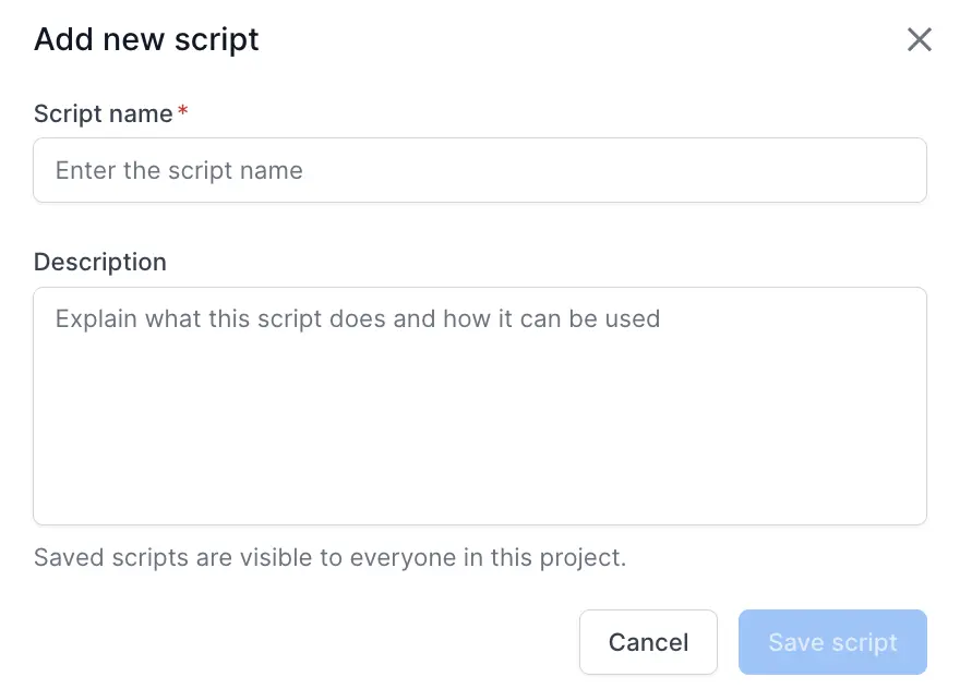Add new script dialog with the Script name and Description fields