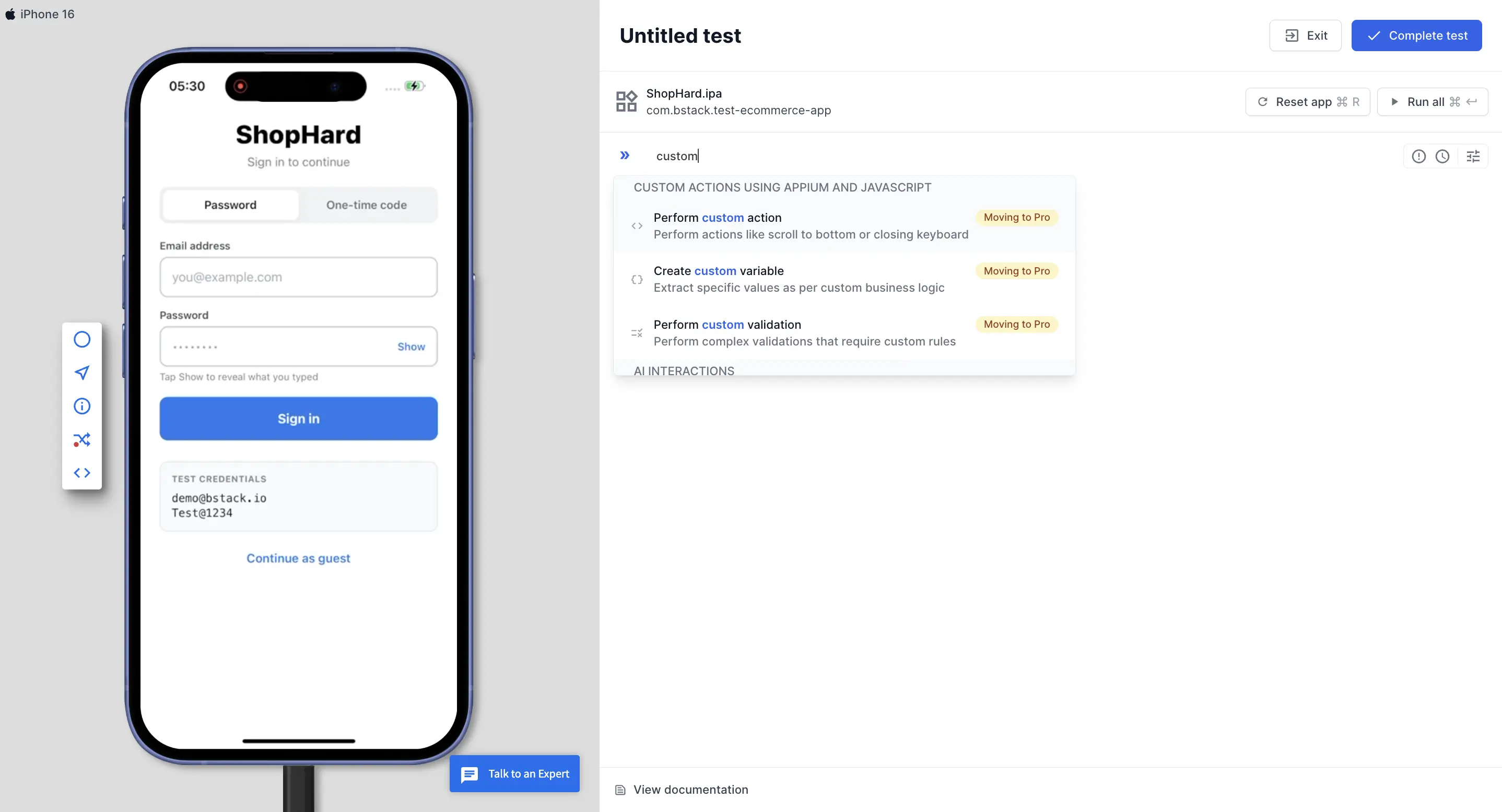 Custom Actions using Appium and JavaScript section in the test editor, with the three custom commands