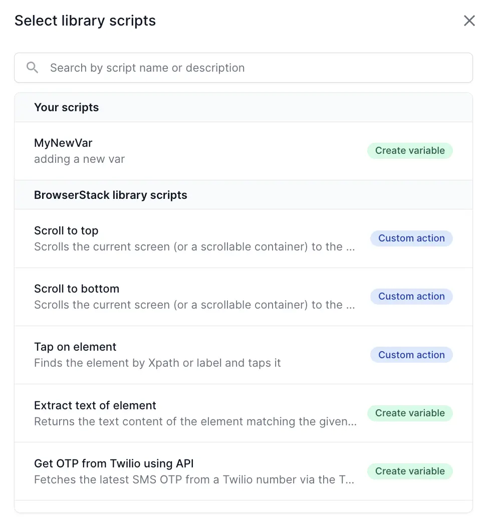Select library scripts dialog with the Your scripts and BrowserStack library scripts sections