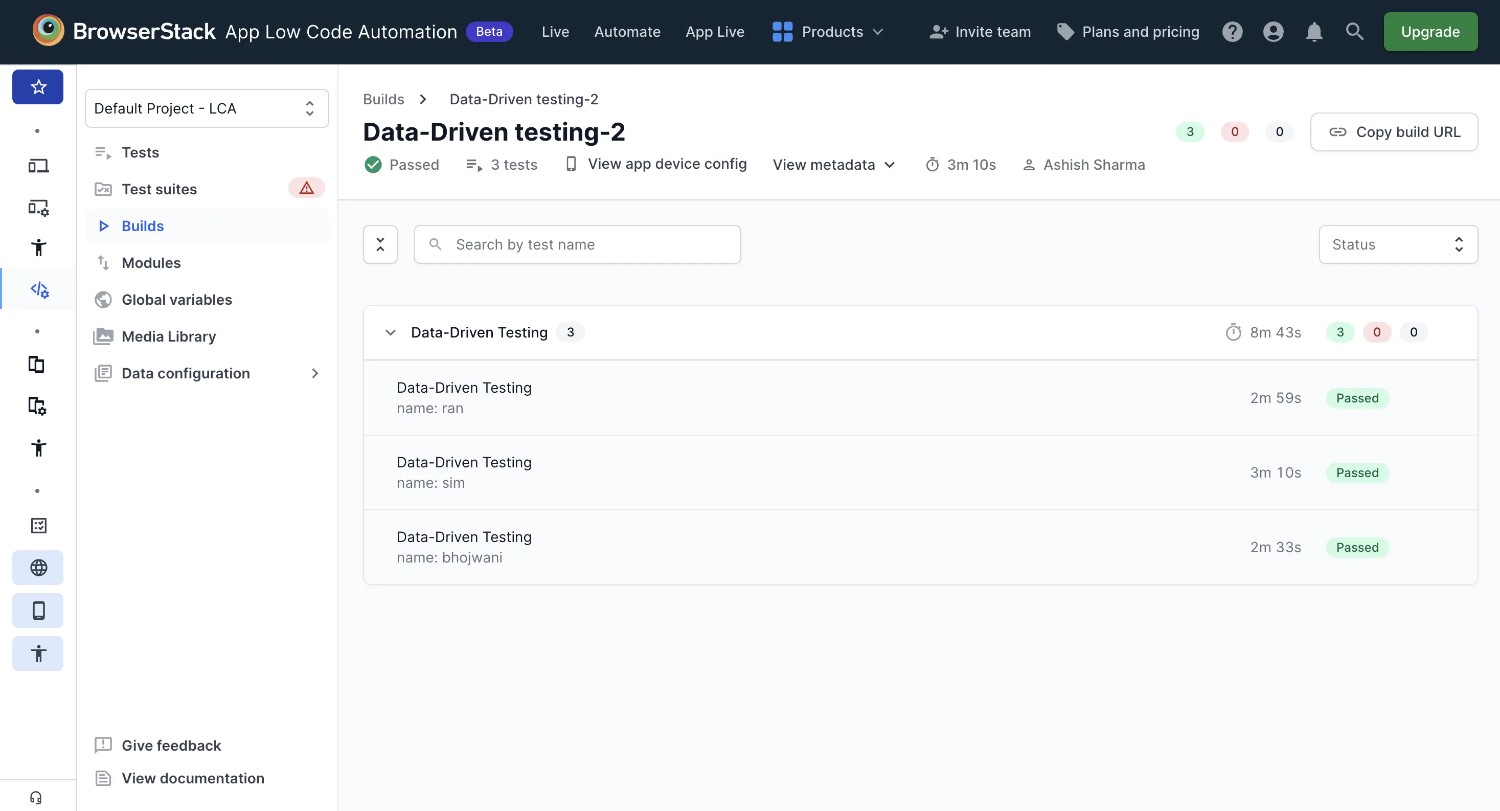 App Low Code Automation build report showing a data-driven test with three executions grouped together, each labeled by its scenario name and marked Passed