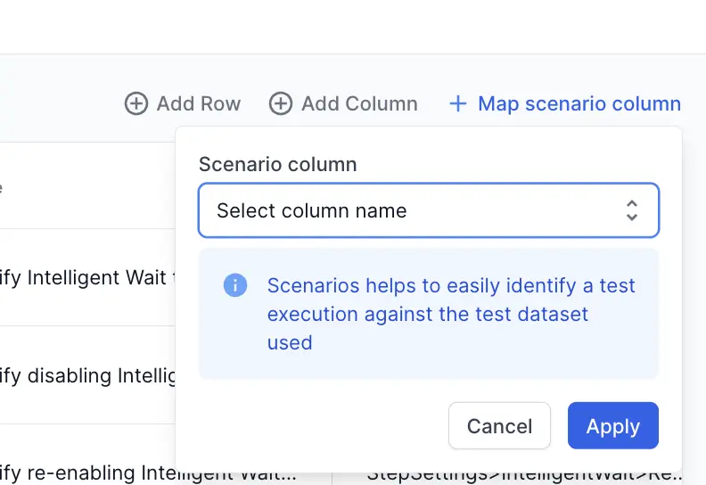 Test dataset view with the Map scenario column option and the dropdown to select the column to use as the row label