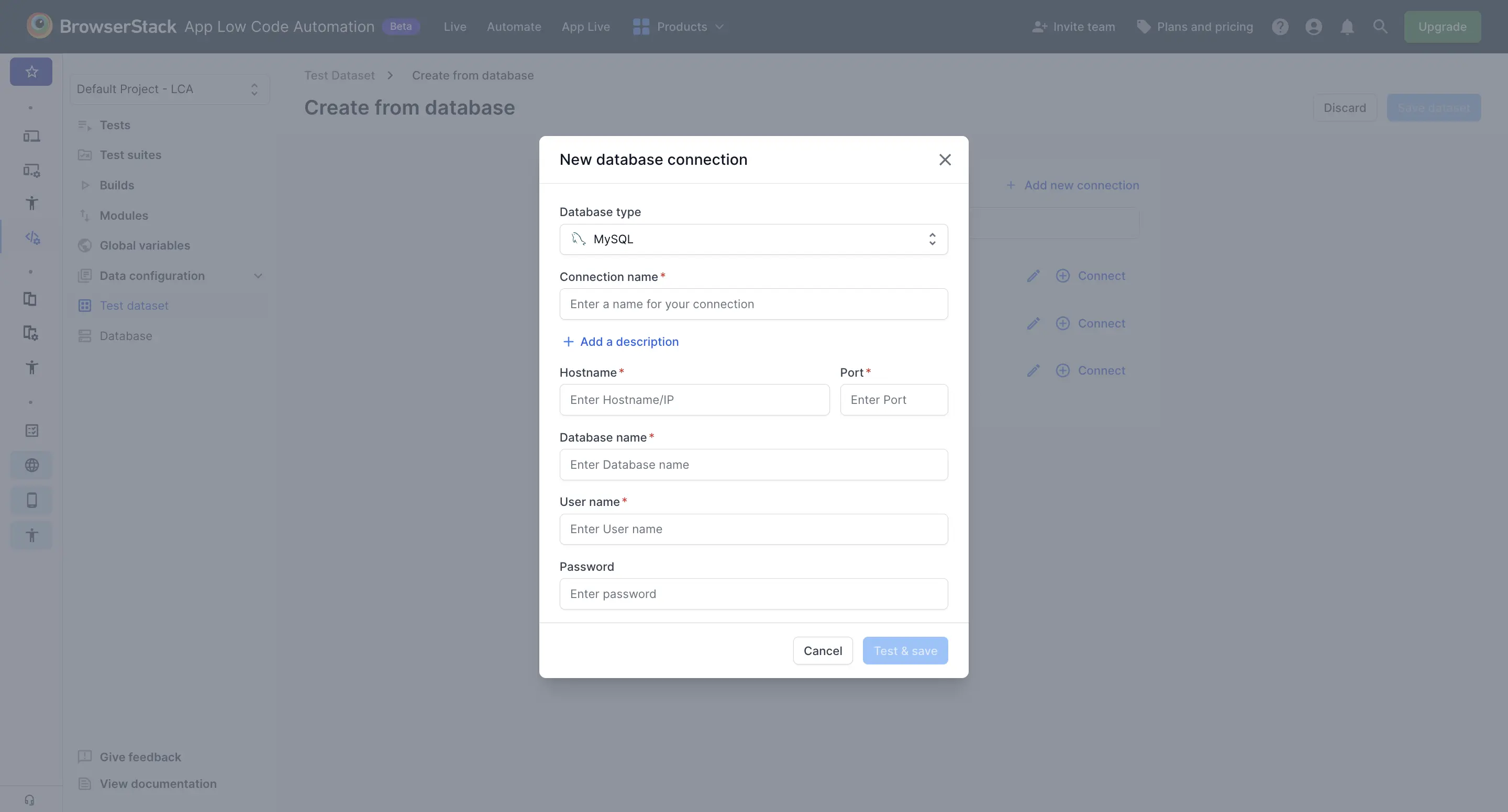 New database connection dialog with fields for database type, connection name, hostname, port, database name, and credentials