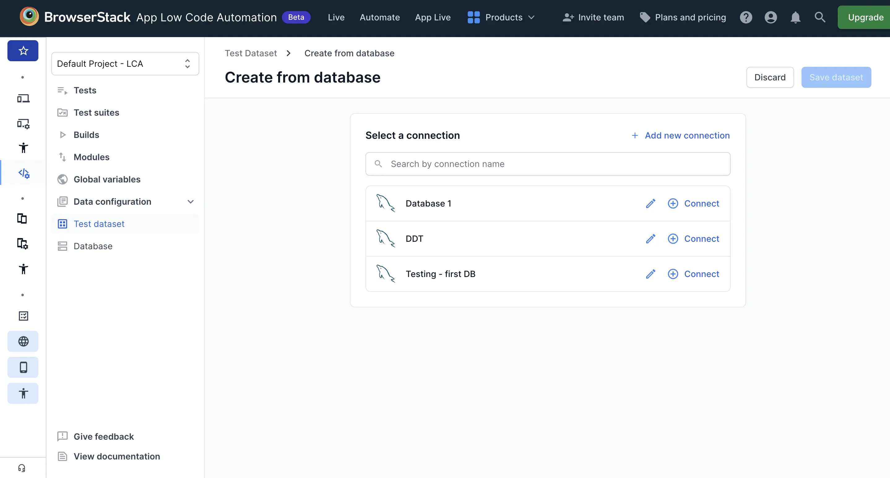 Create from database page showing the list of available database connections