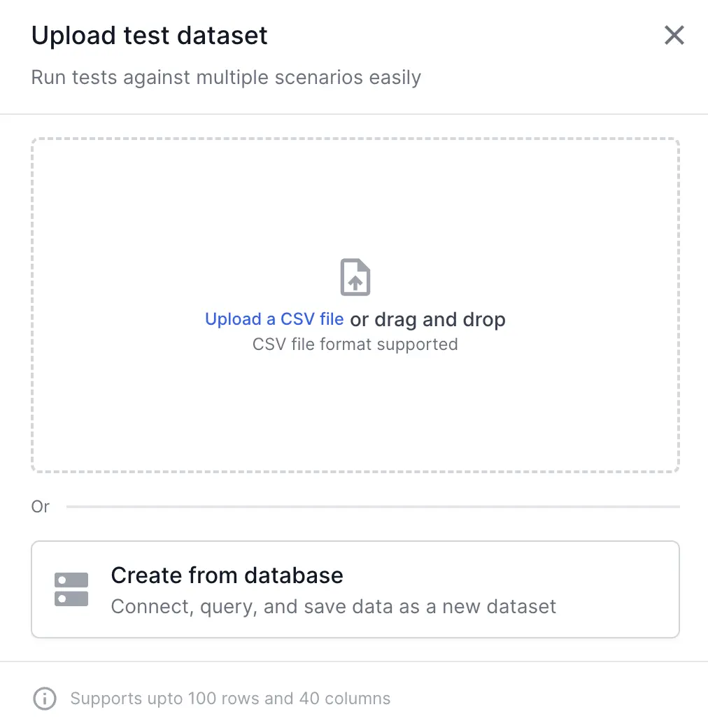 Upload test dataset dialog with the option to upload a CSV file or create from a database