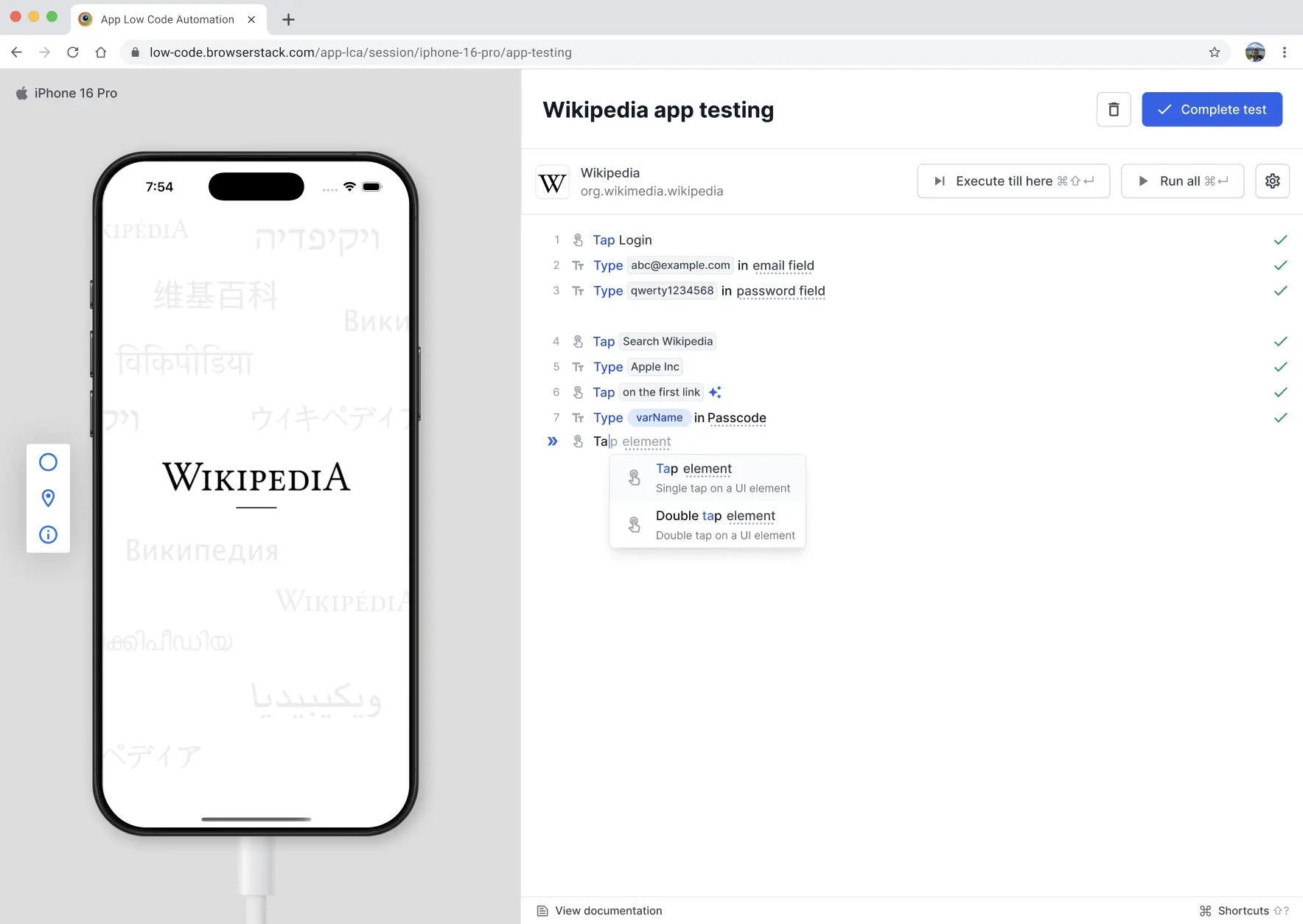 Test editor showing live device and test steps