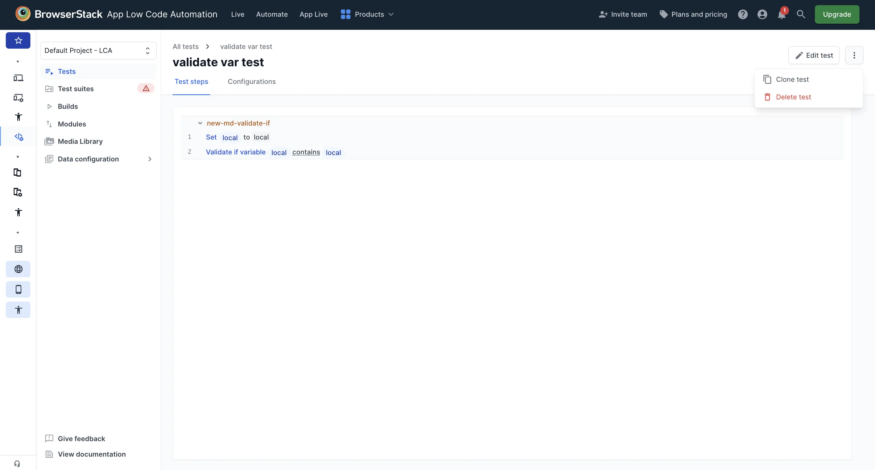 The Clone test option in the menu of an open test.