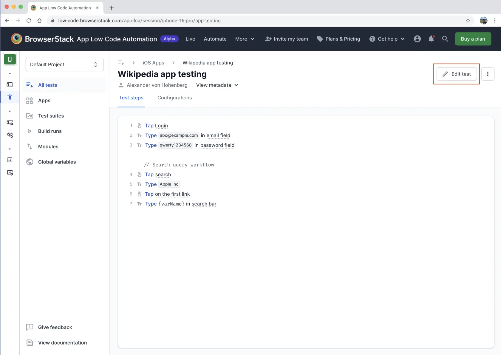 Screenshot of the test authoring page in App Low Code Automation