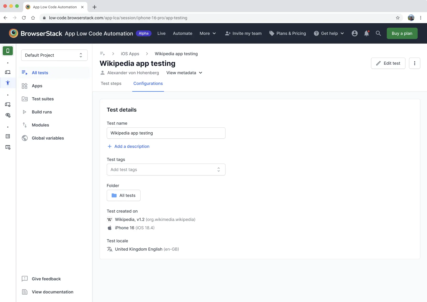Screenshot of the test details update page in App Low Code Automation