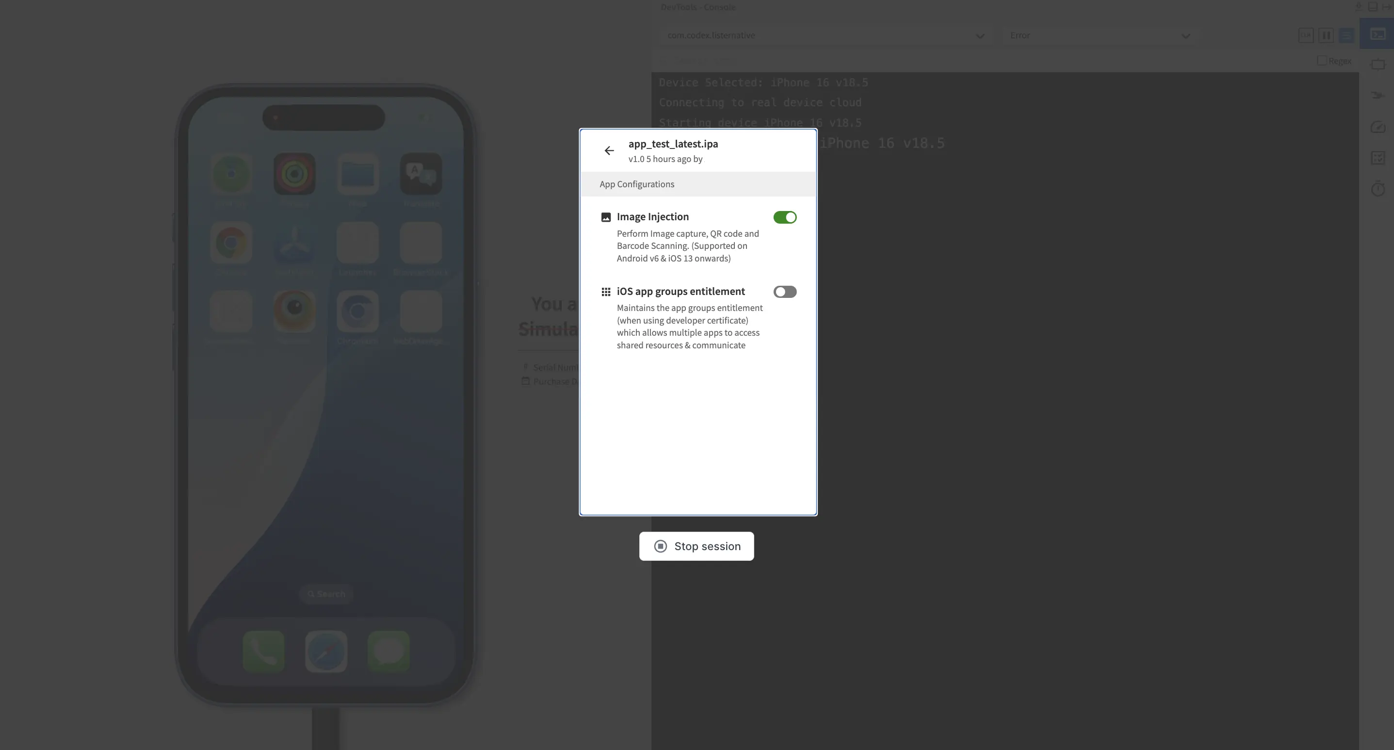 App Configurations panel with the Image Injection toggle turned on for the uploaded app.