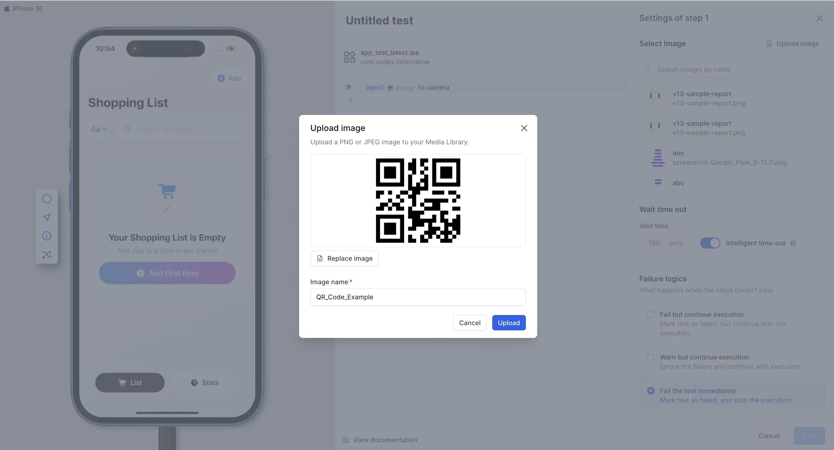 Select Image list with the QR_Code_Example image selected.