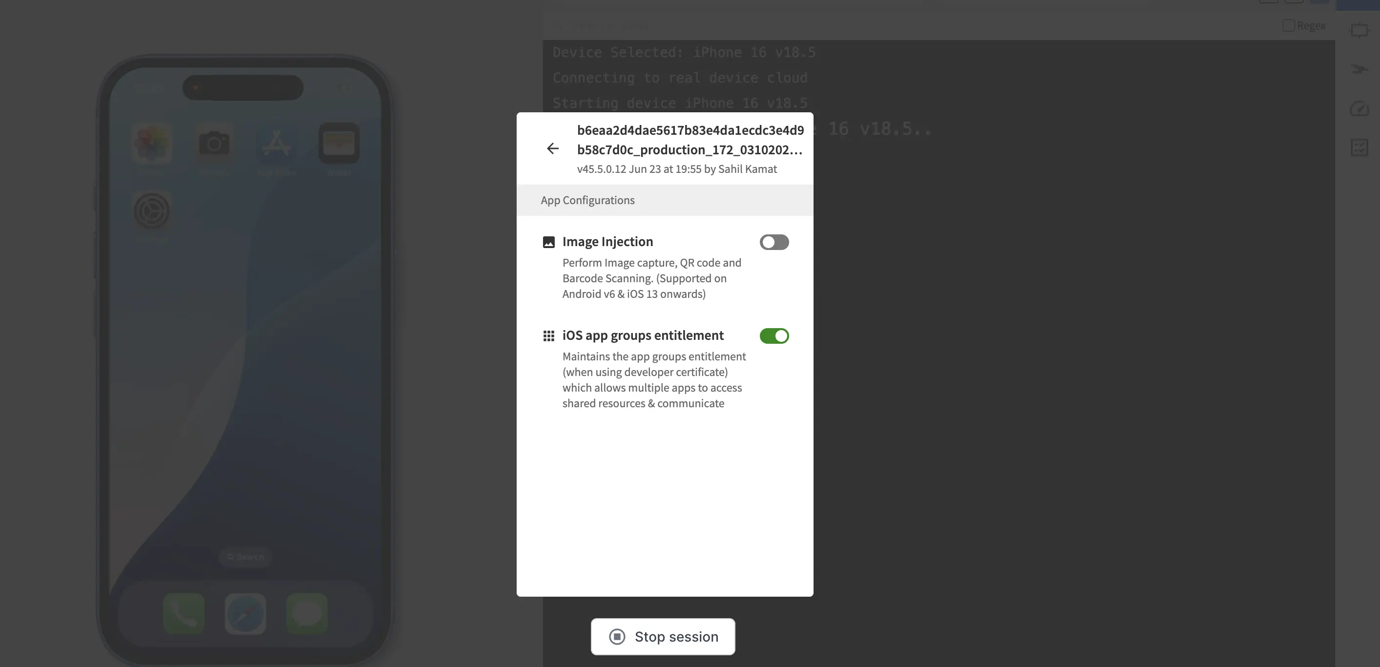 App Configurations section showing the iOS app groups entitlement toggle for an iOS app