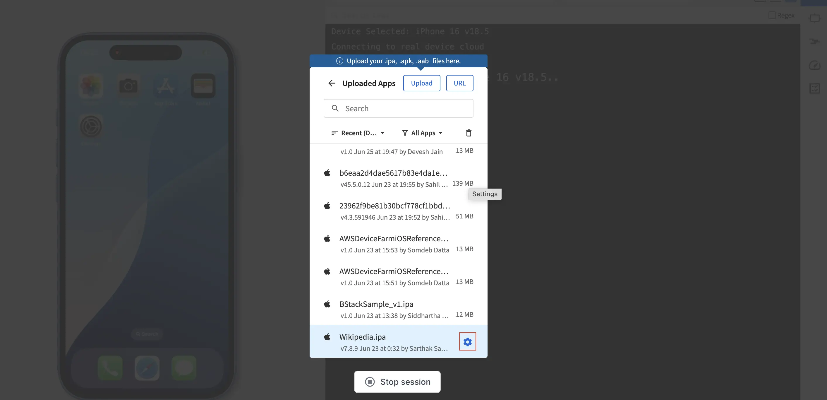 The Settings icon highlighted next to an uploaded app in the Uploaded Apps list