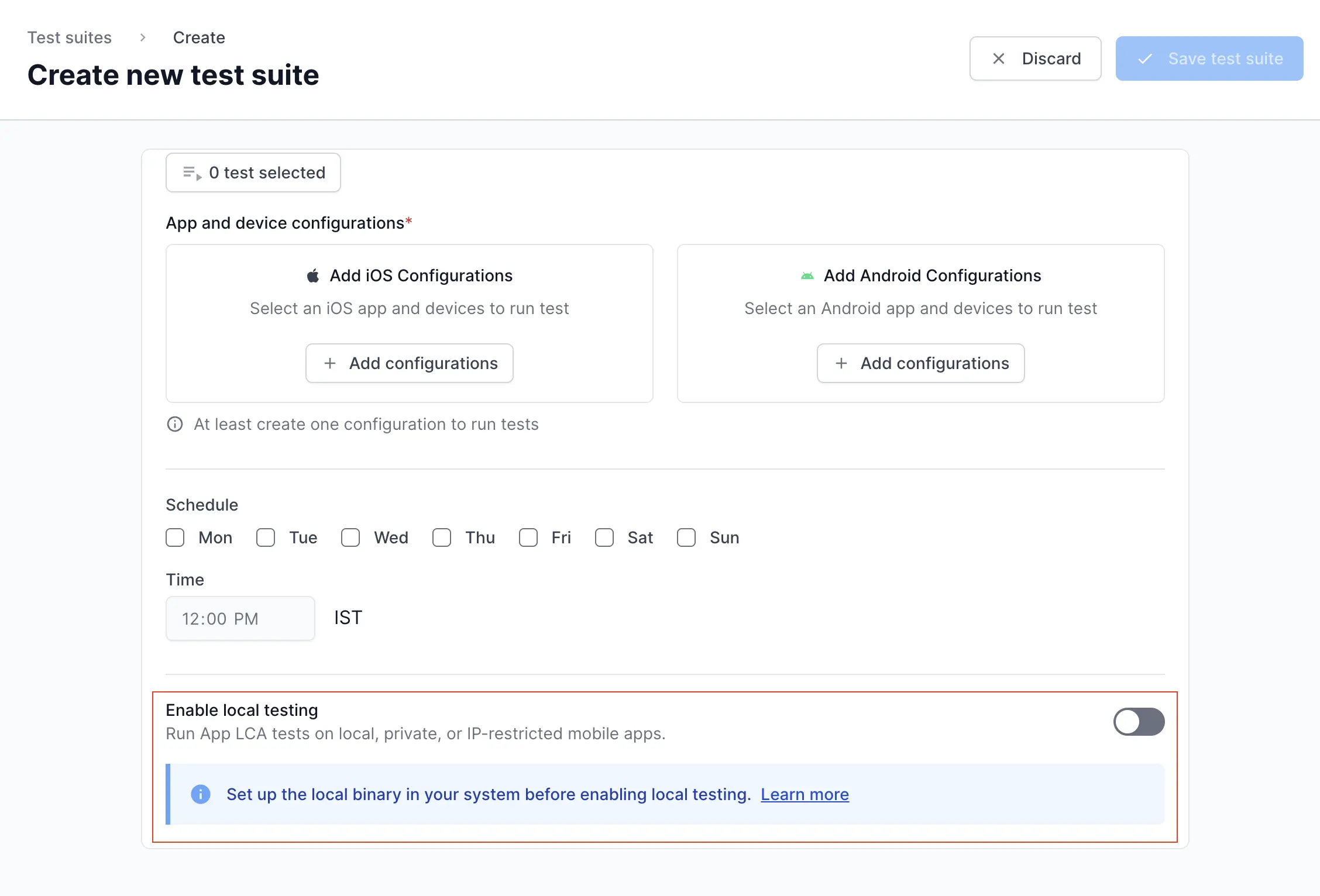 Screenshot of the test suite settings page showing the Enable local testing toggle switch