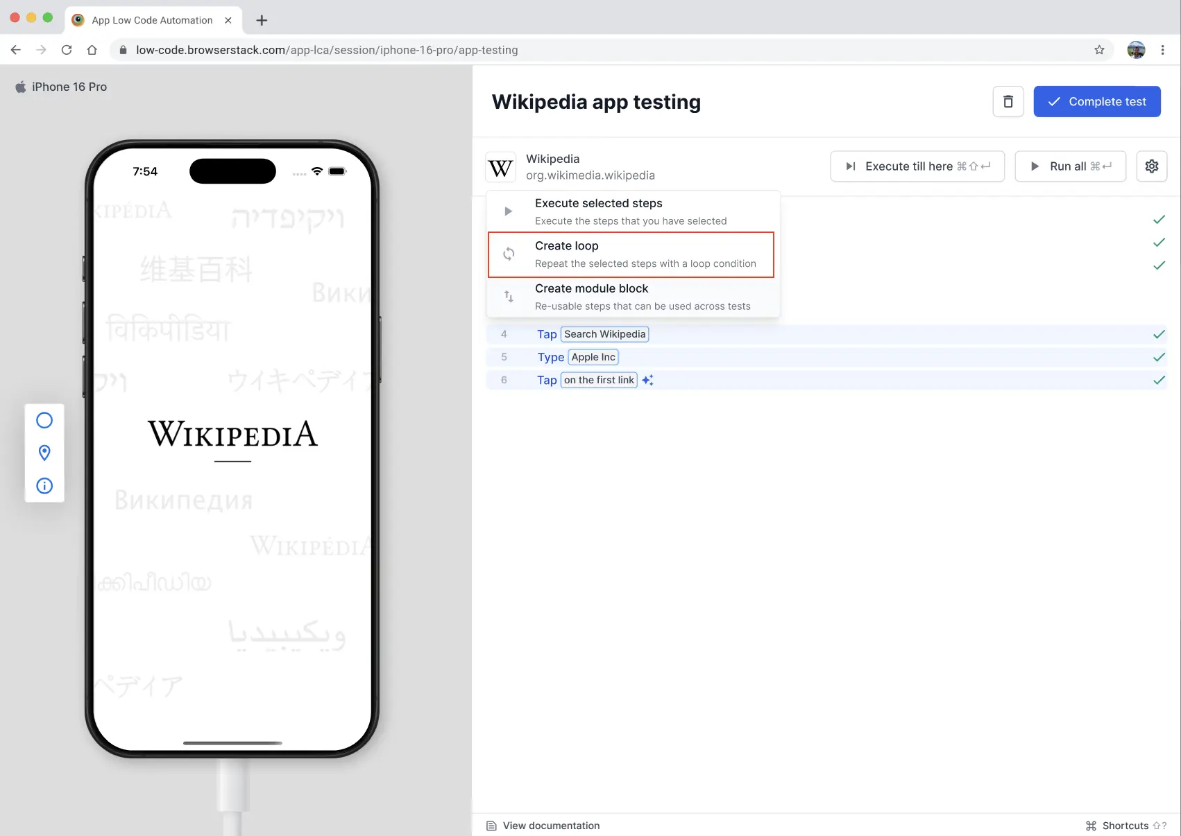 App Low Code Automation interface showing selected steps converted into a Repeat for loop