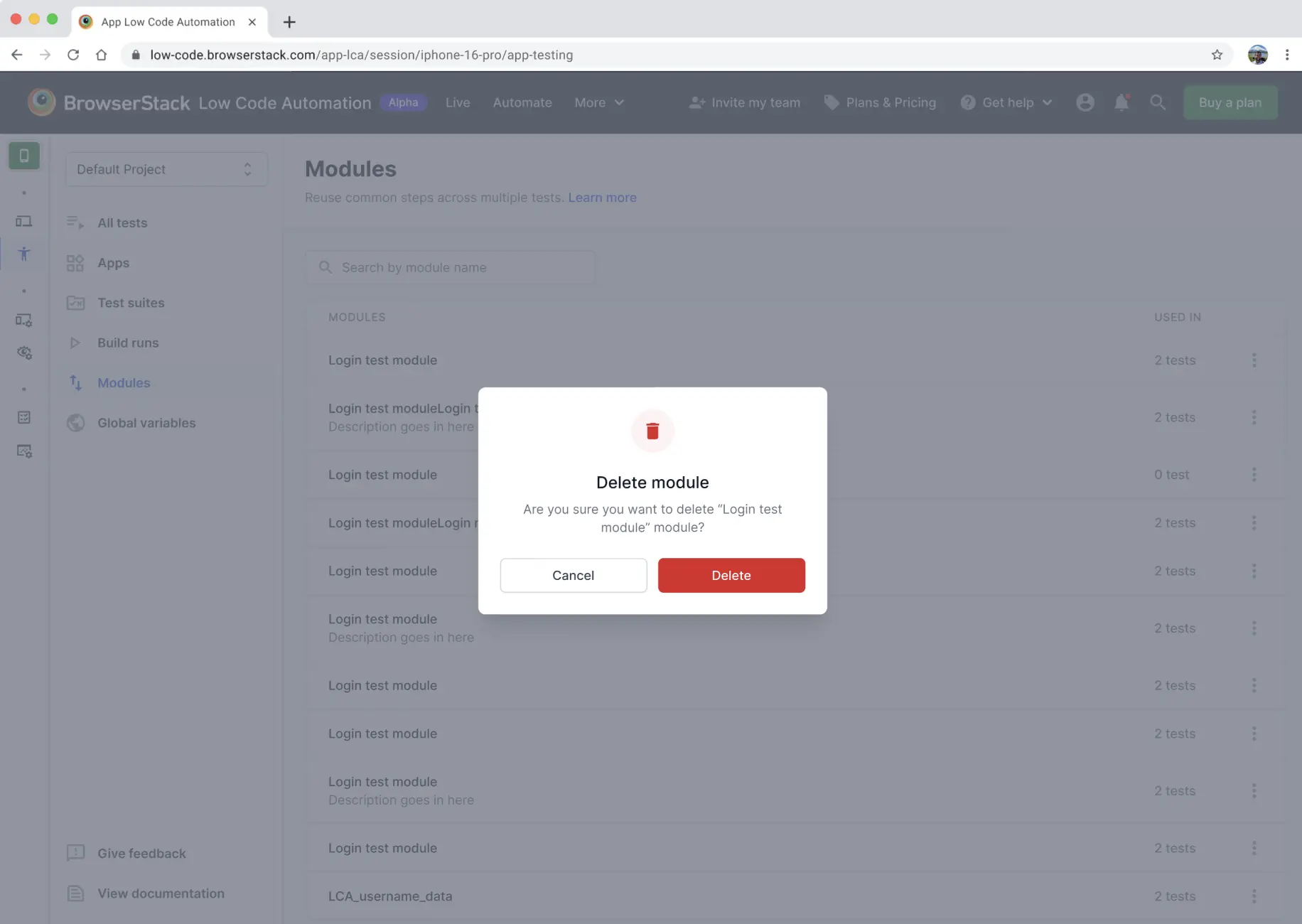 Delete module dialog in App Low Code Automation