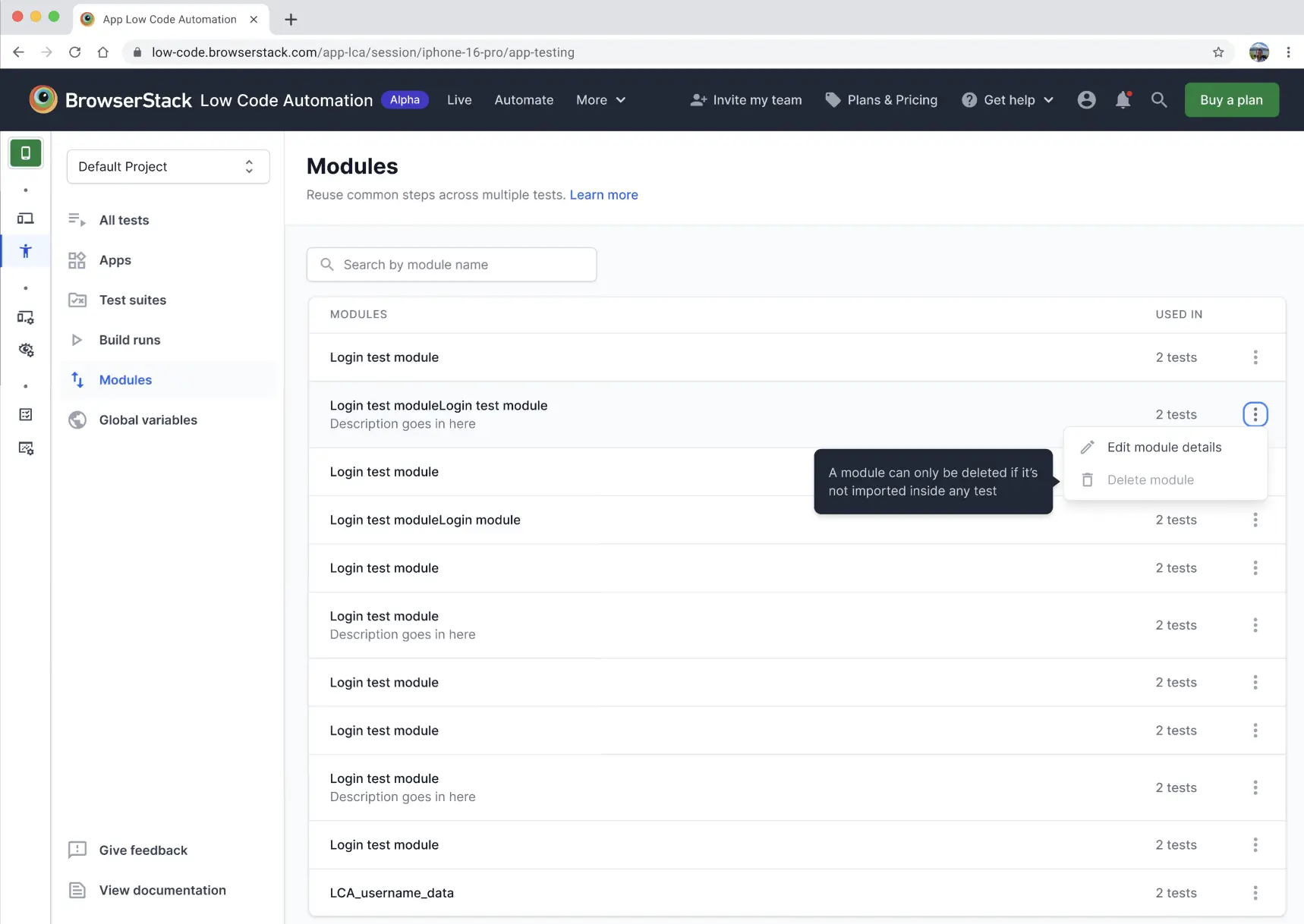 Edit module details in App Low Code Automation
