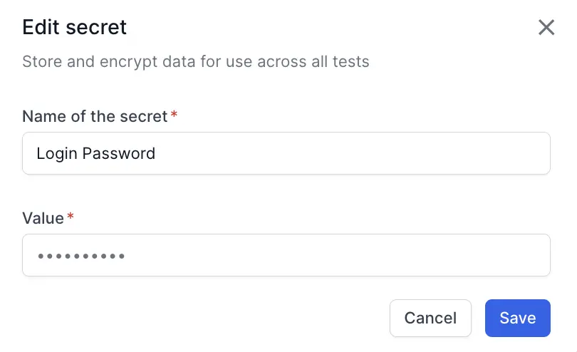 The Create secret dialog with the Name of the secret and Value fields, and the Cancel and Create buttons