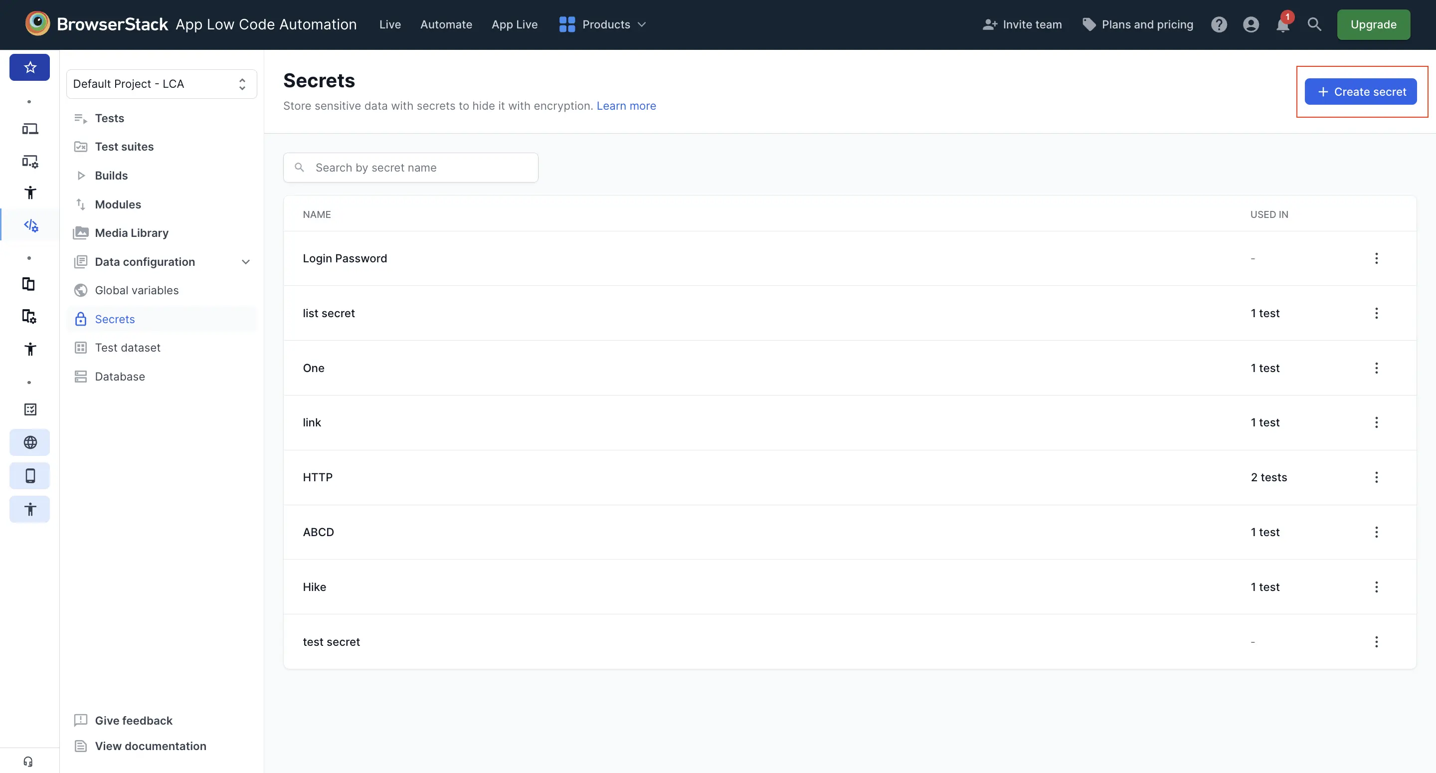 The Secrets page listing every secret in the project, with the Create secret button in the top-right corner
