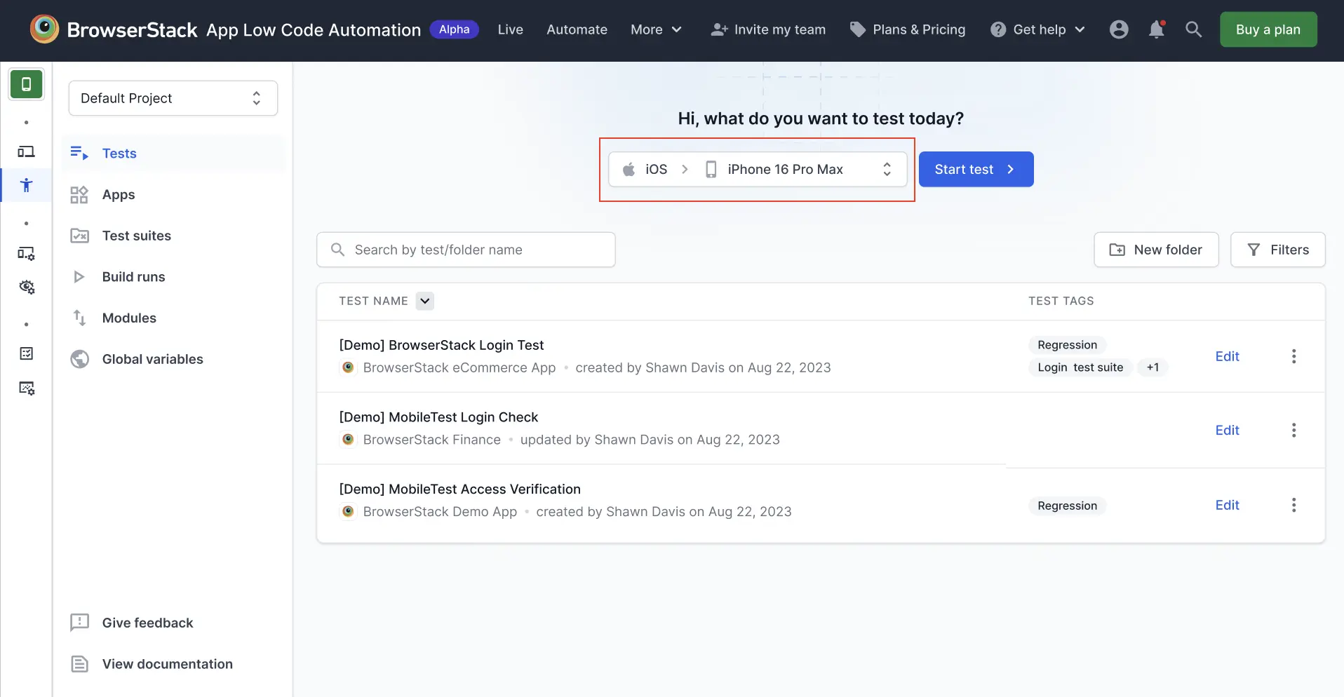 App Low Code Automation dashboard showing device model dropdown highlighted