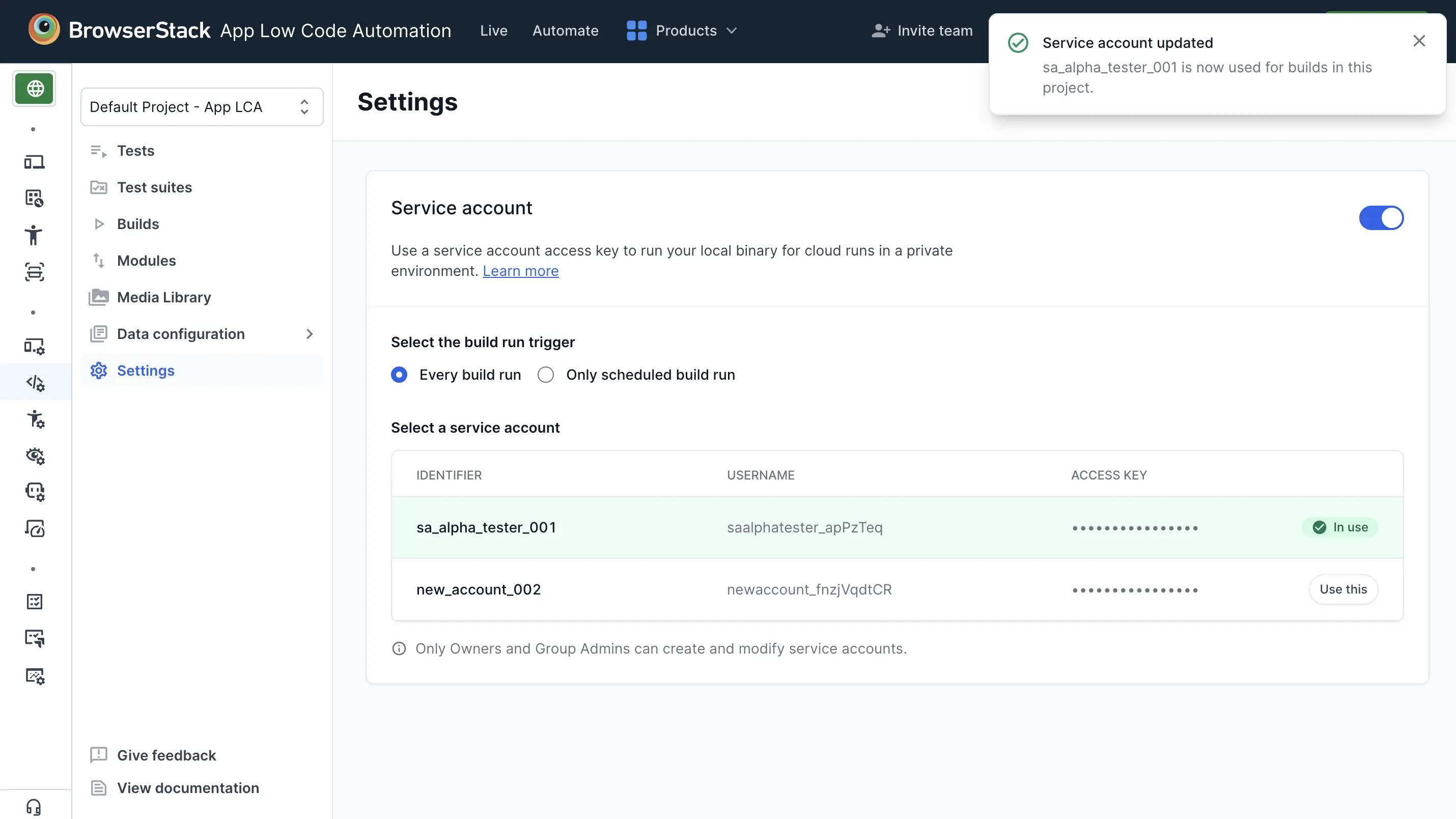 Service account section with the toggle turned on and one account marked as in use