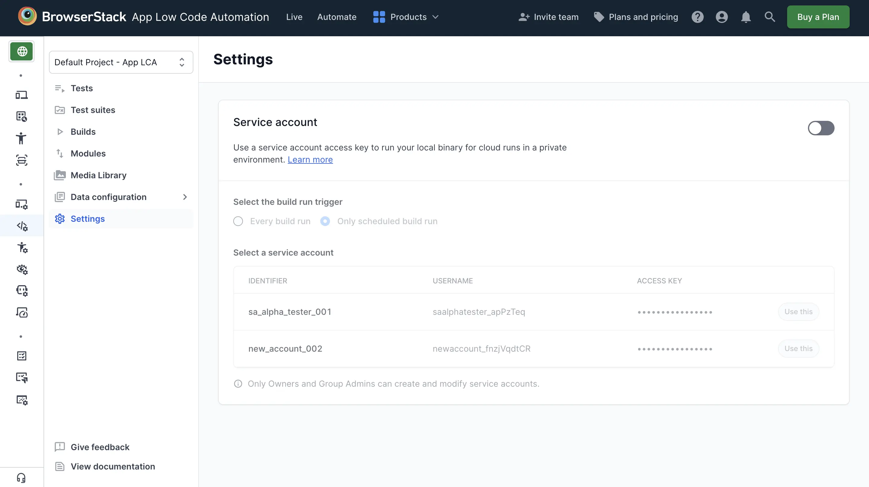 Service account section with the build run trigger options and the list of organization service accounts
