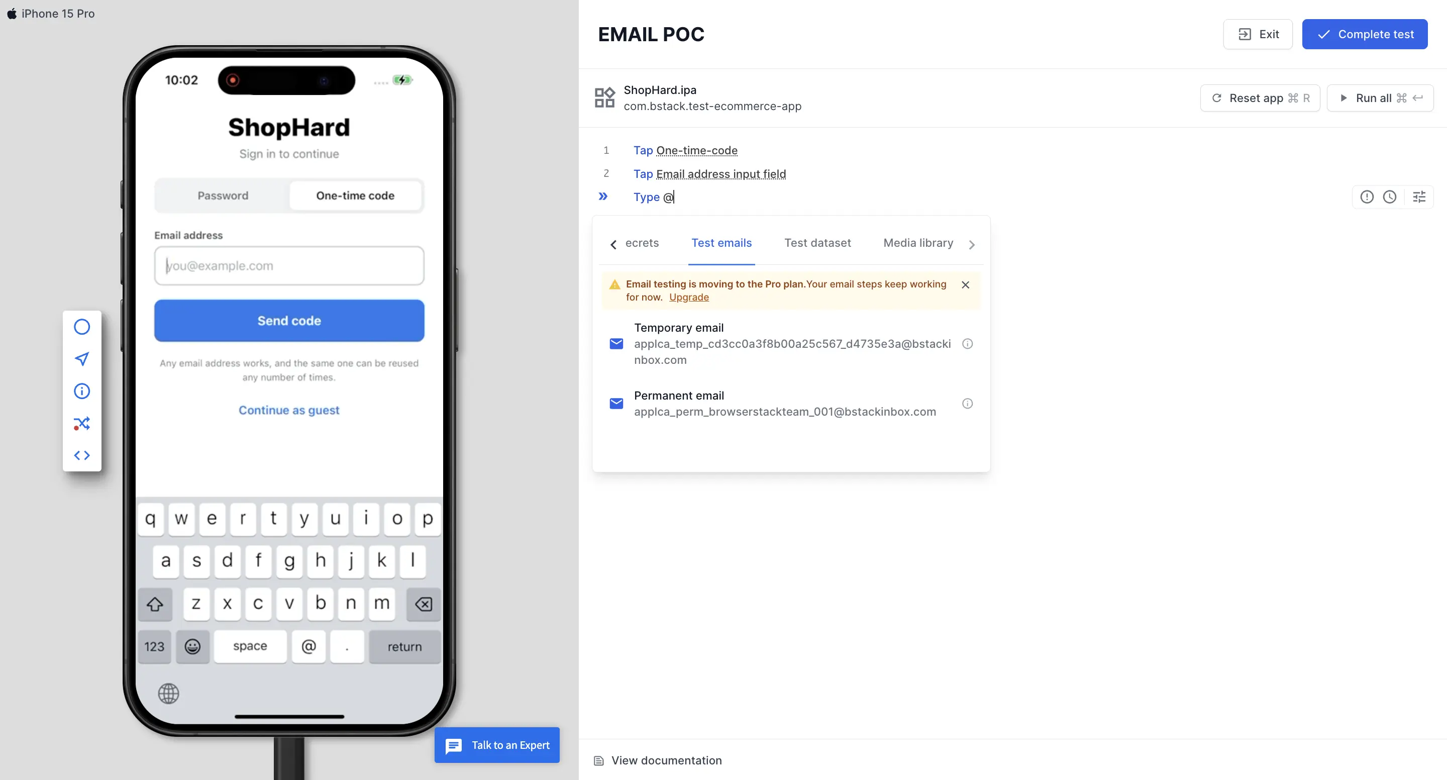 The @ menu open on the Test emails tab with the Temporary email and Permanent email IDs listed