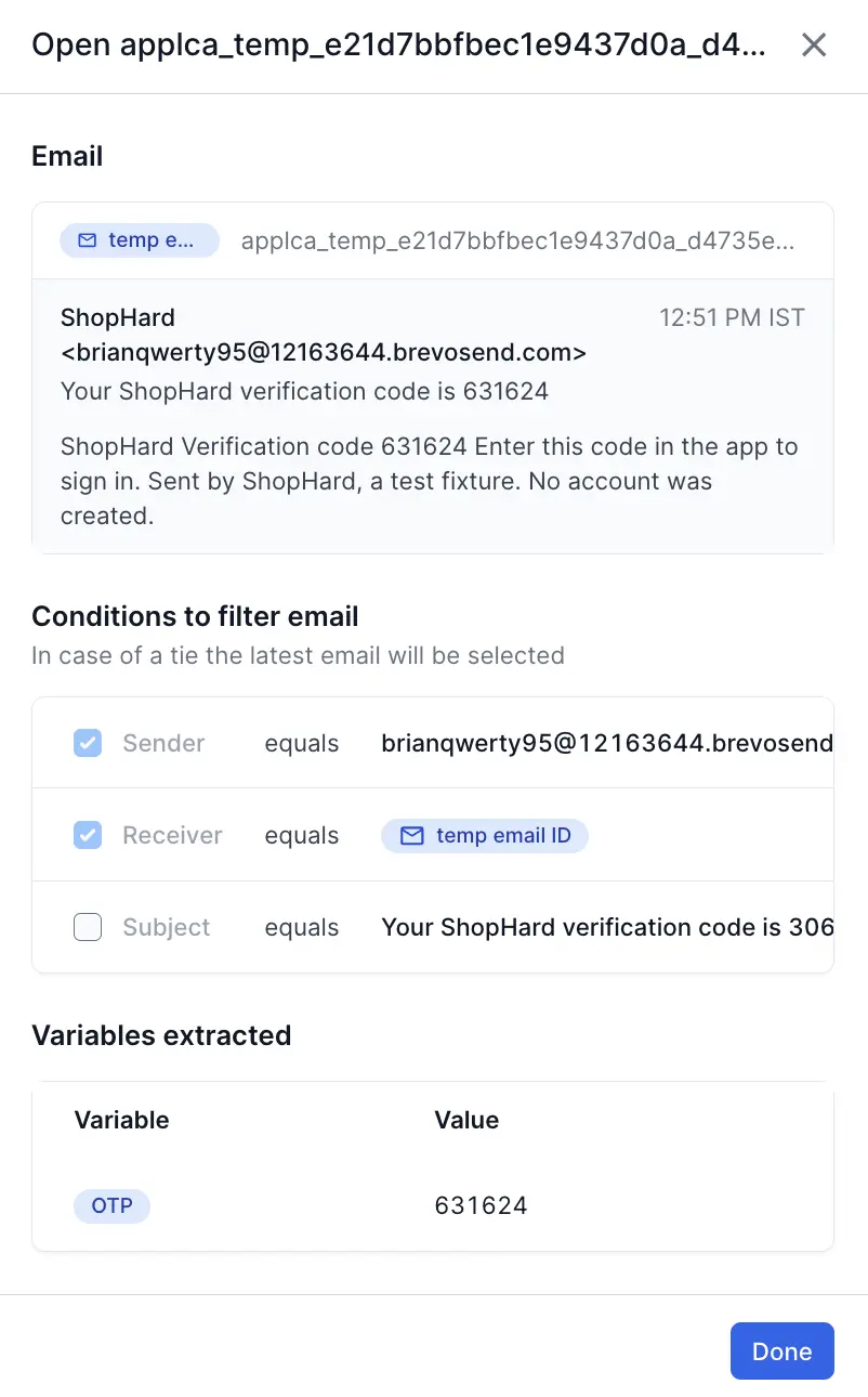 A completed build with the Open email step expanded, showing the email address the run used and the email it read