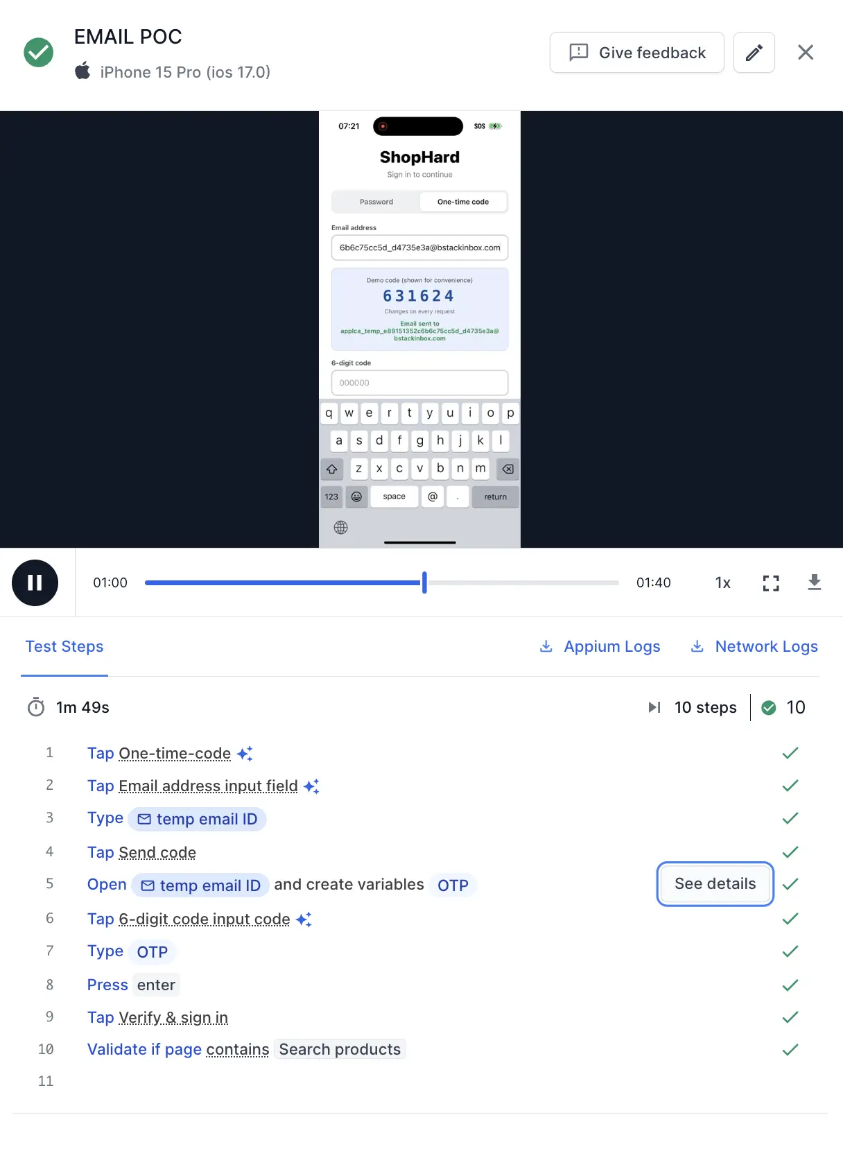 A passed test run with the See details button highlighted on the Open email step