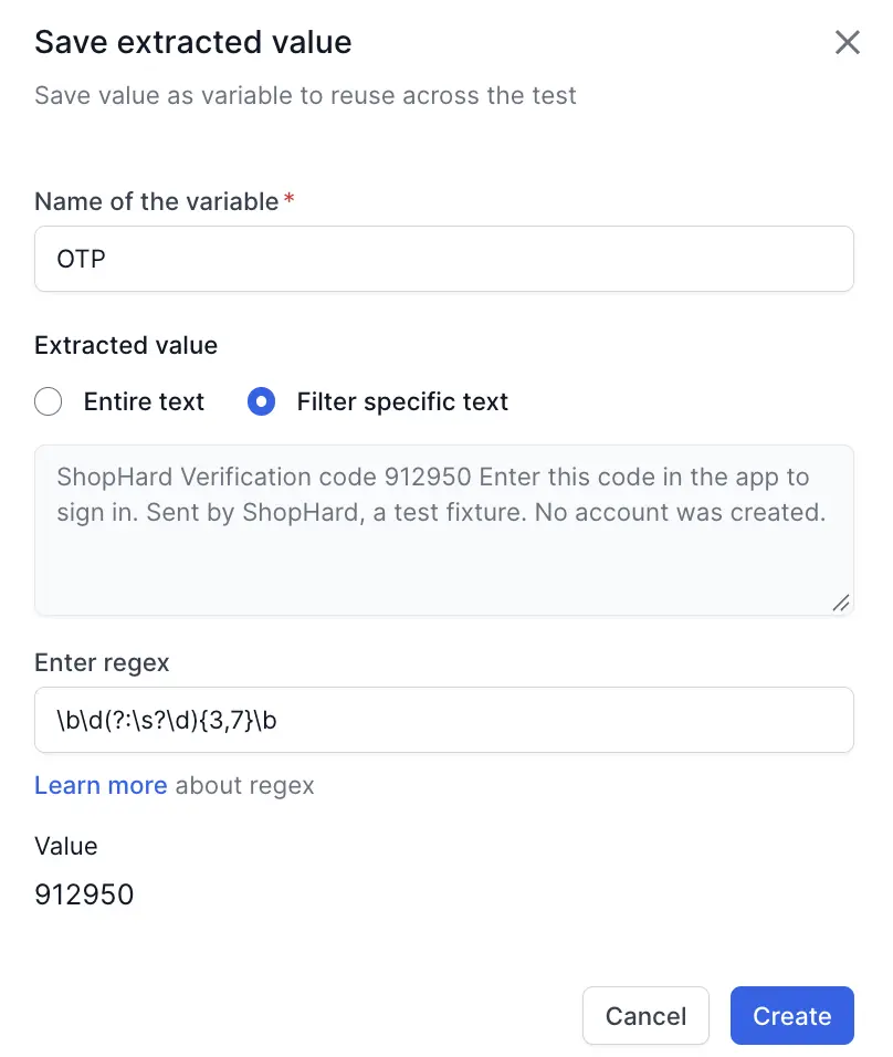 The Save extracted value dialog with the Entire text and Filter specific text options, the regex field, and the variable name field