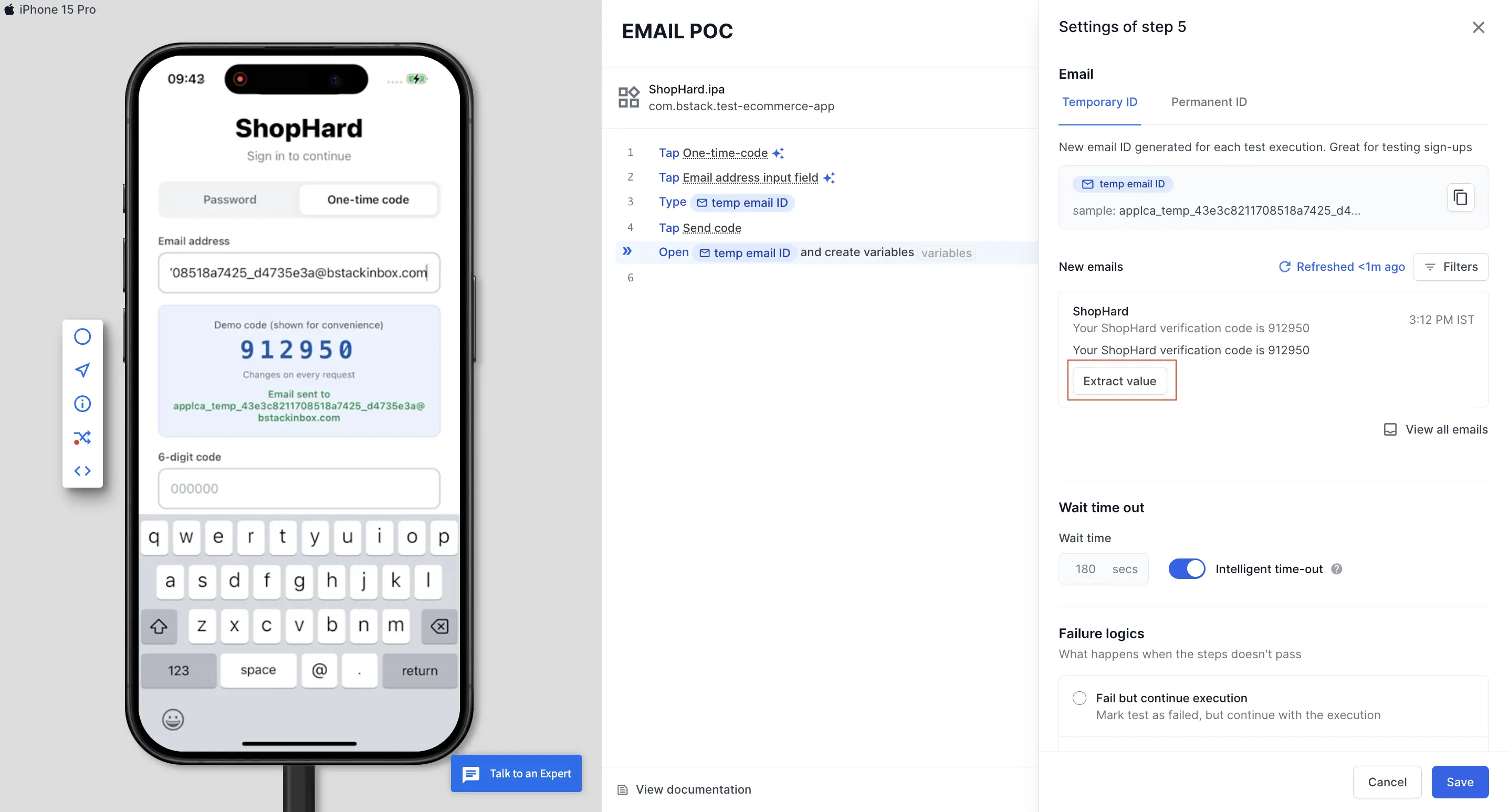 The step settings panel with the Temporary ID tab, the list of new emails, and the Extract value button on each email