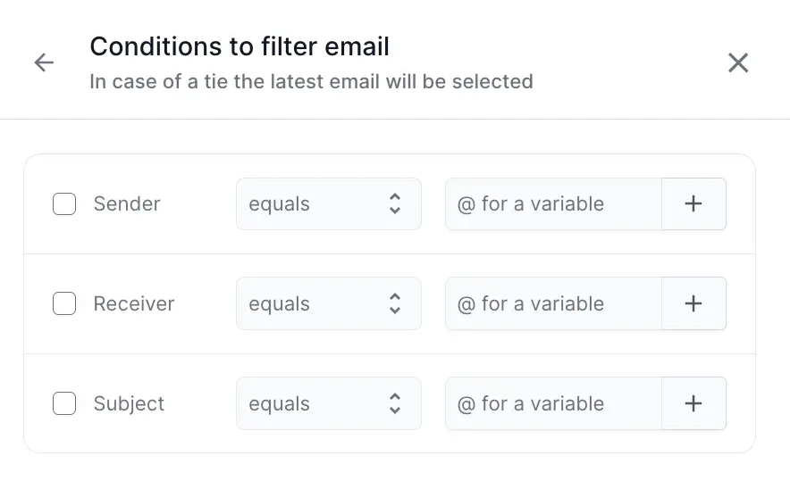 The Conditions to filter email panel with the Sender, Receiver, and Subject conditions and their operators