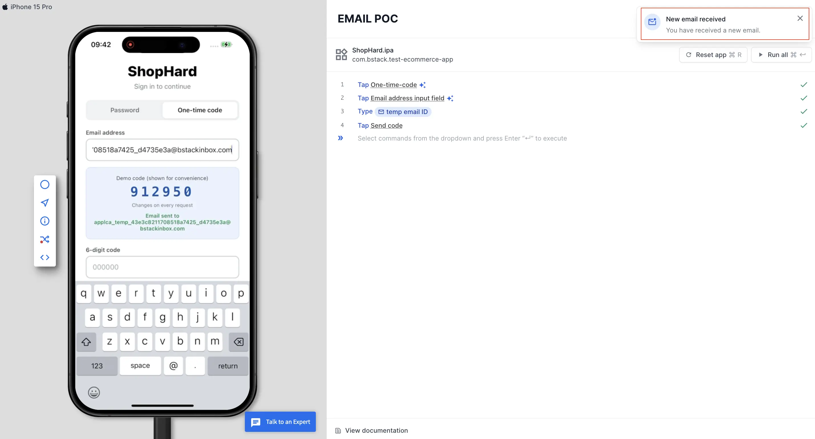 A test with four recorded steps, including Type temp email ID, and the New email received notification