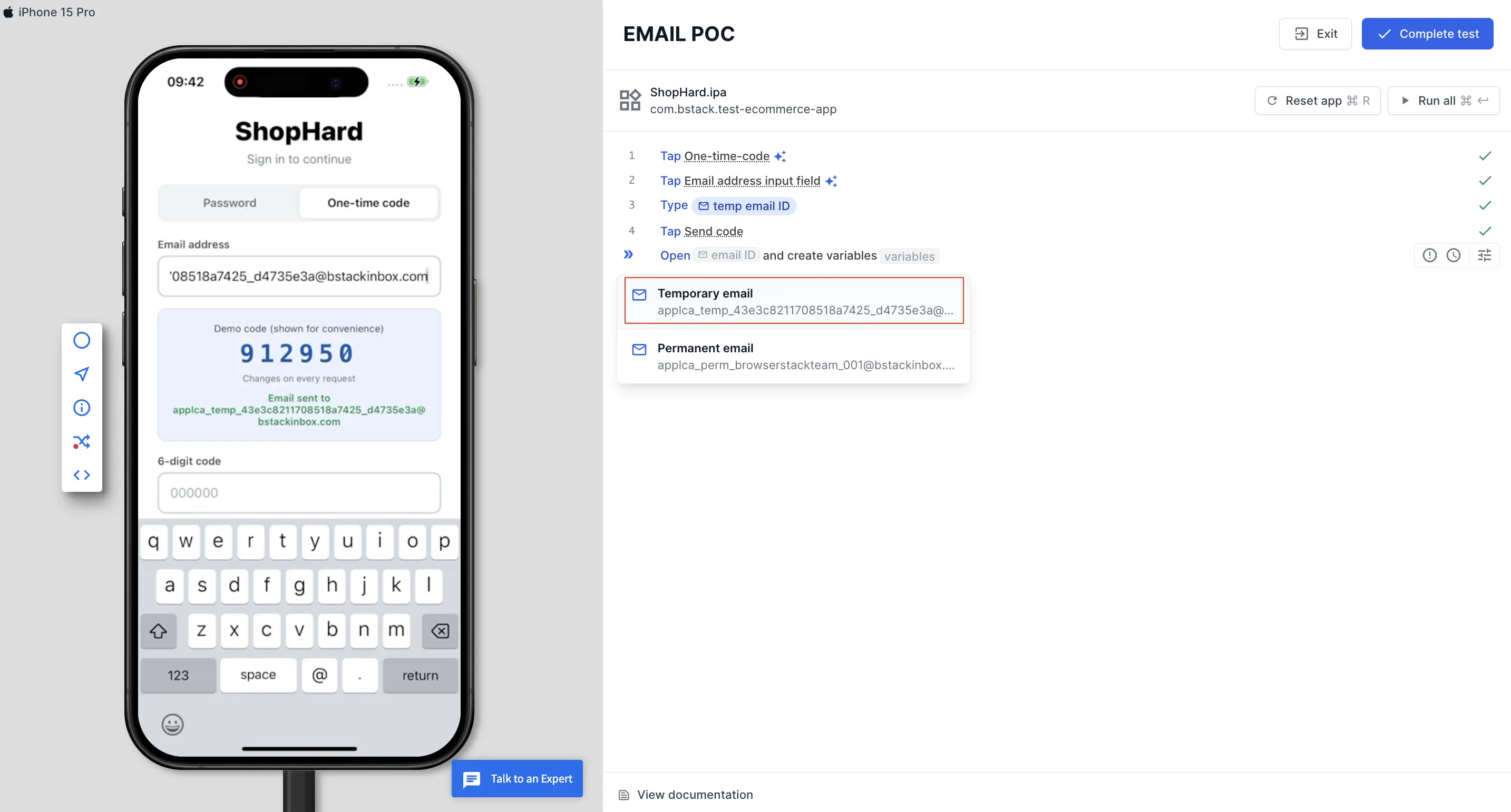 The Open email step with the Temporary email and Permanent email options and their addresses