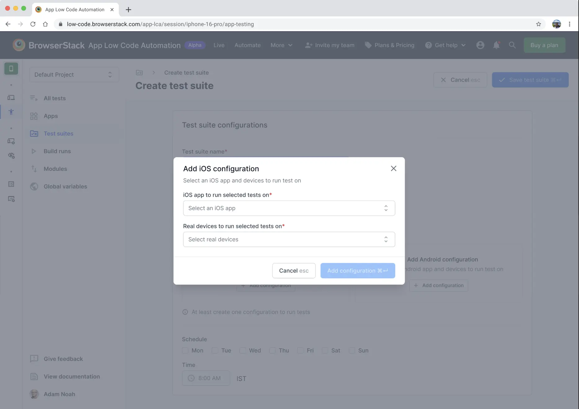 Add iOS configuration dialog showing app and device selection