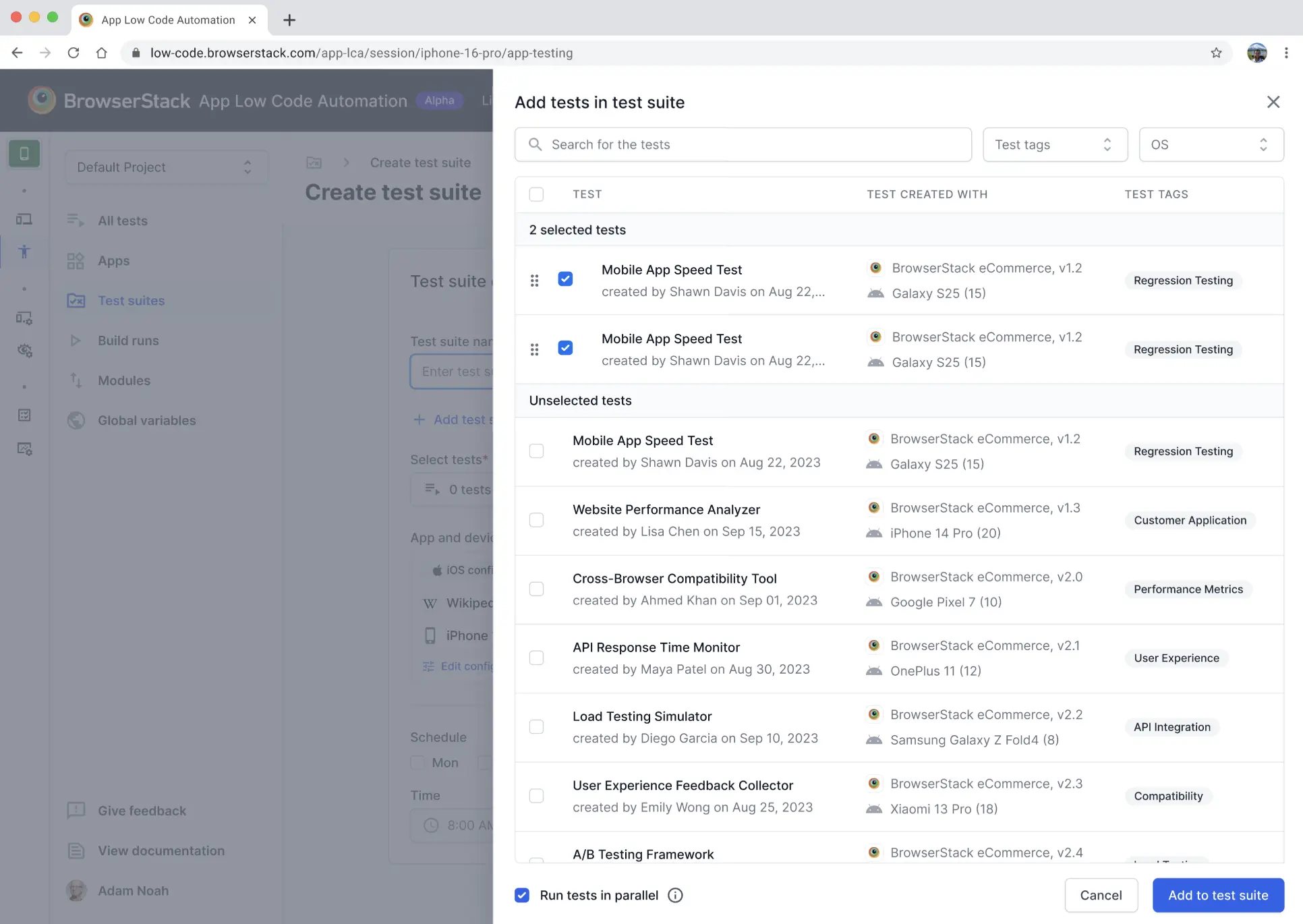 Select one or more tests to test suite