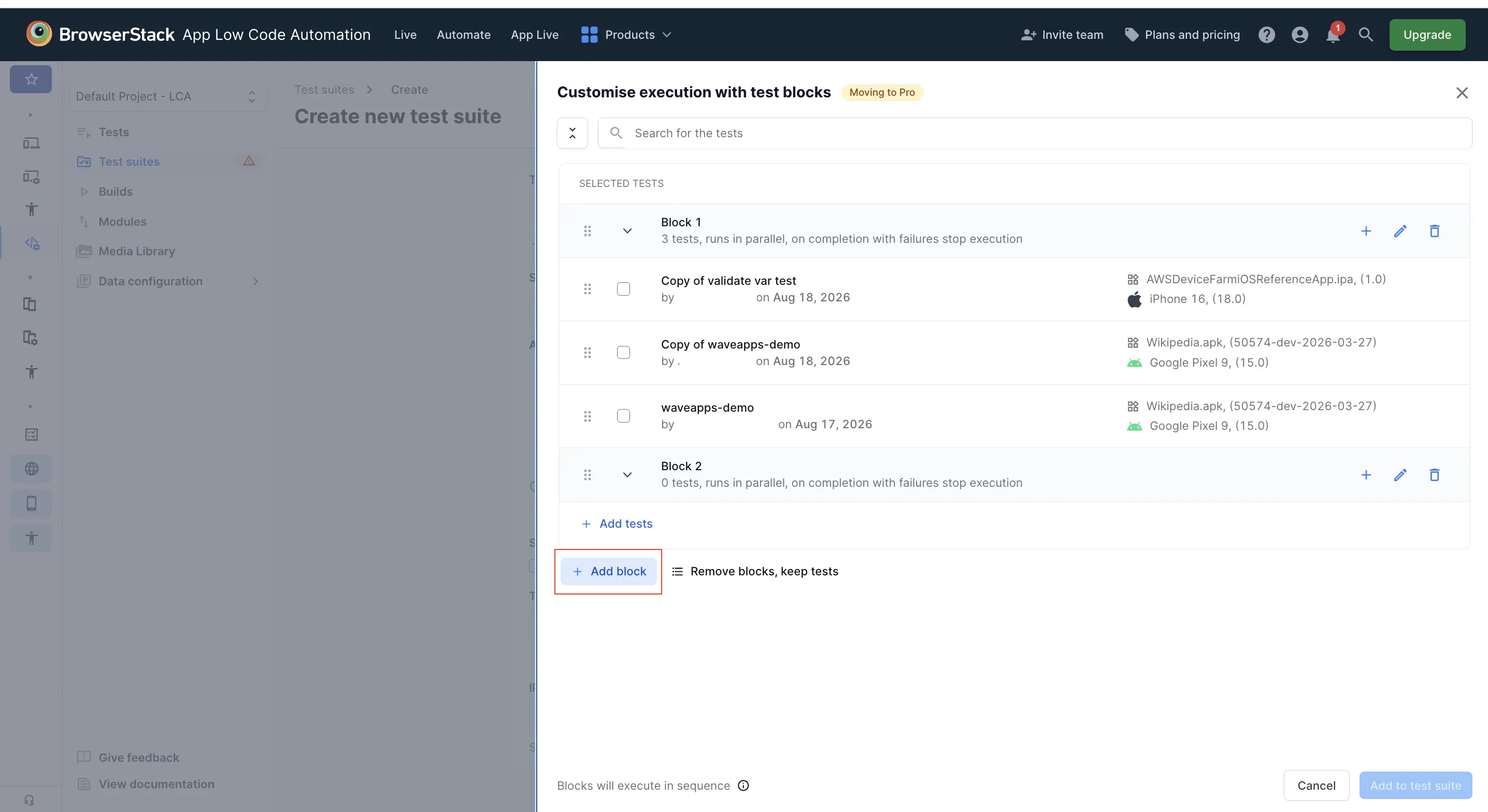 Customise execution with test blocks view showing Block 1 and Block 2