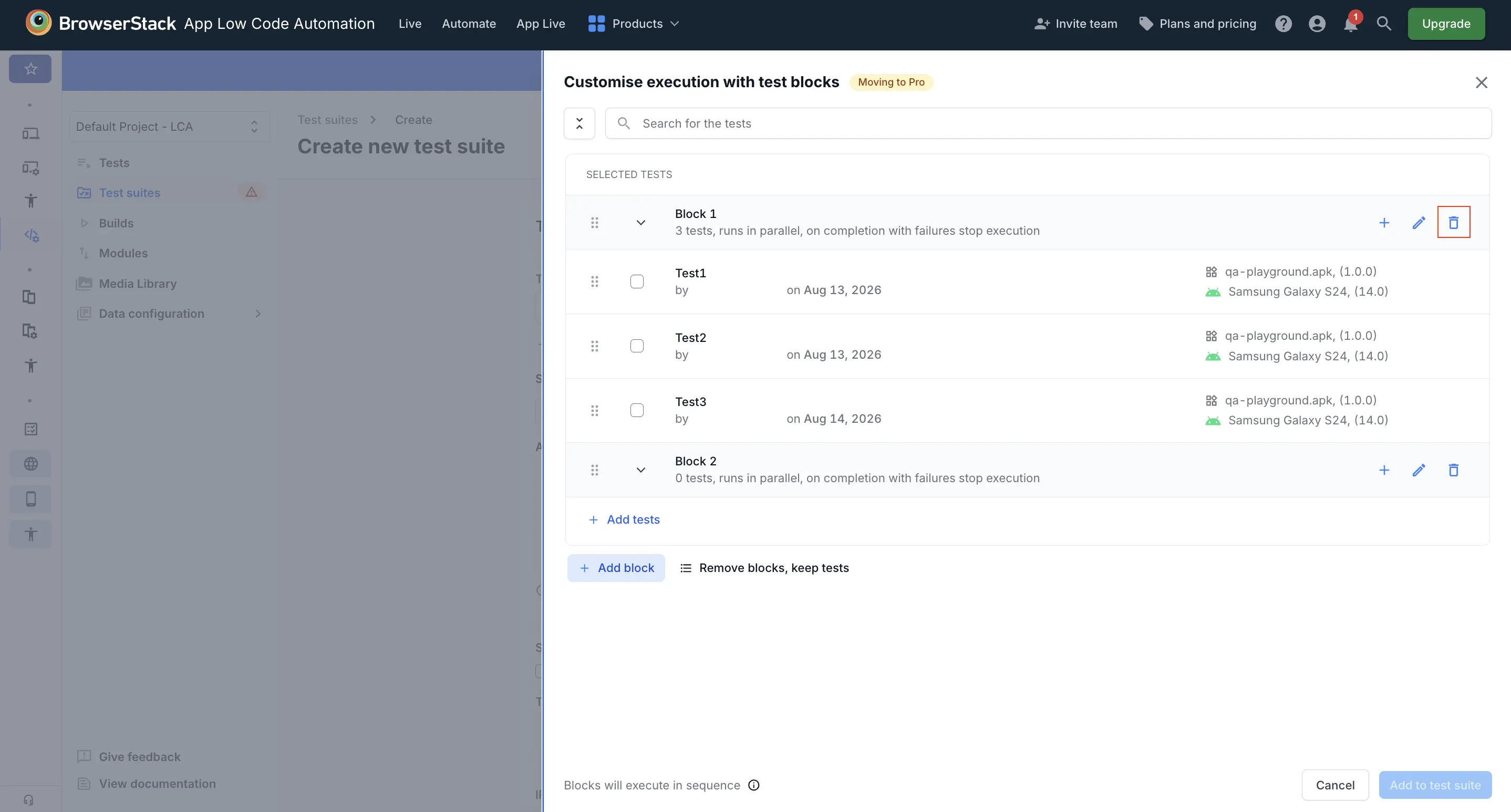 The Delete icon on a block row in the Customise execution with test blocks pane