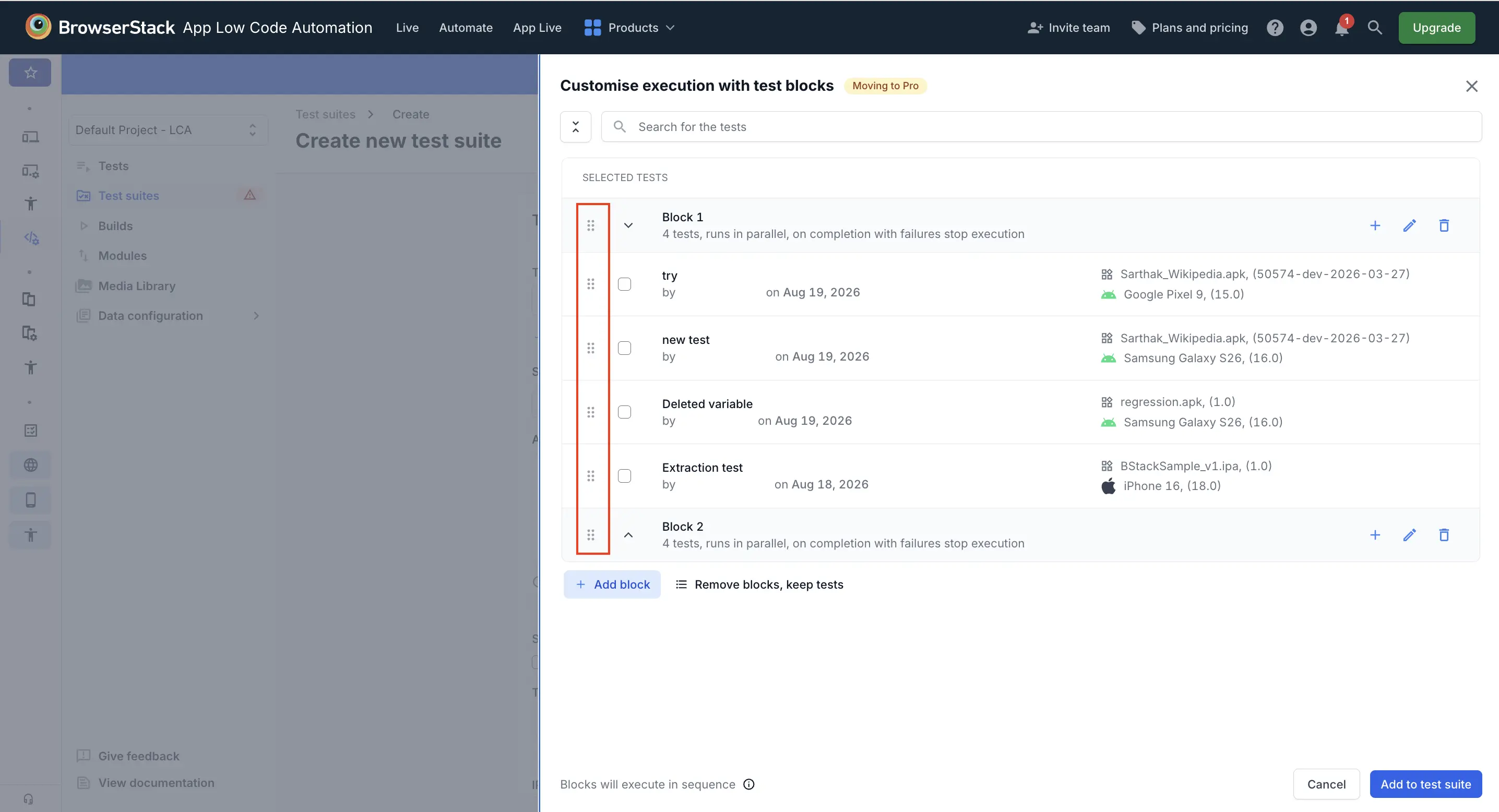 Drag handles used to reorder blocks and move tests between blocks in App Low Code Automation