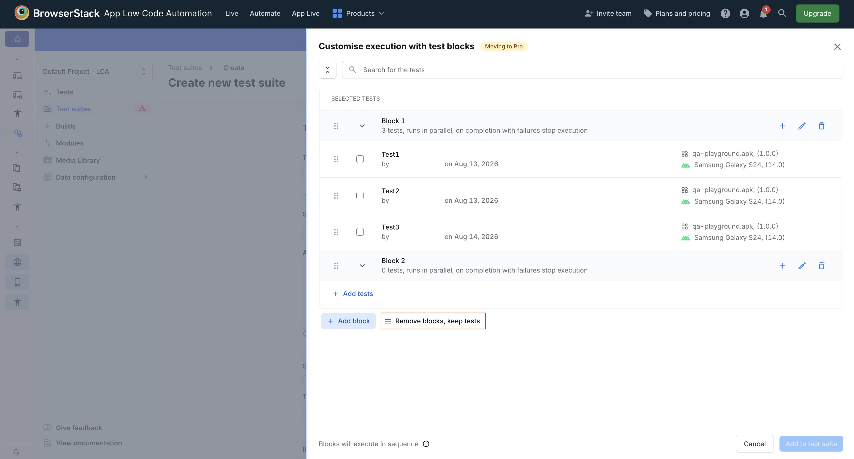 The Remove blocks, keep tests option below the list of blocks in the Customise execution with test blocks pane