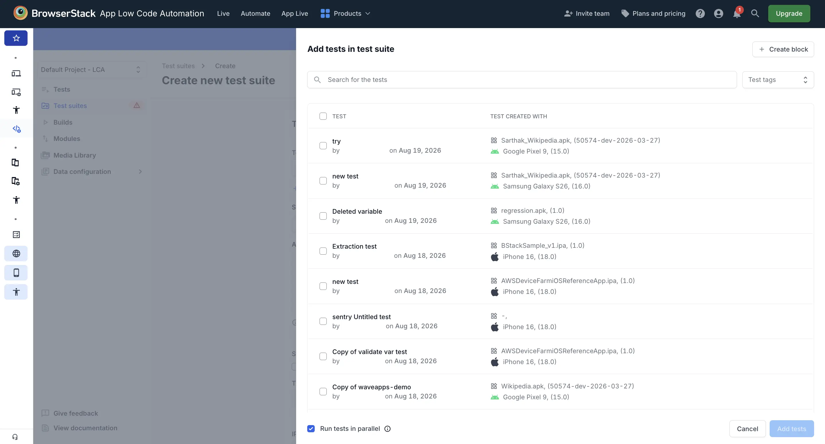 Create new test suite page with the Select tests option in App Low Code Automation