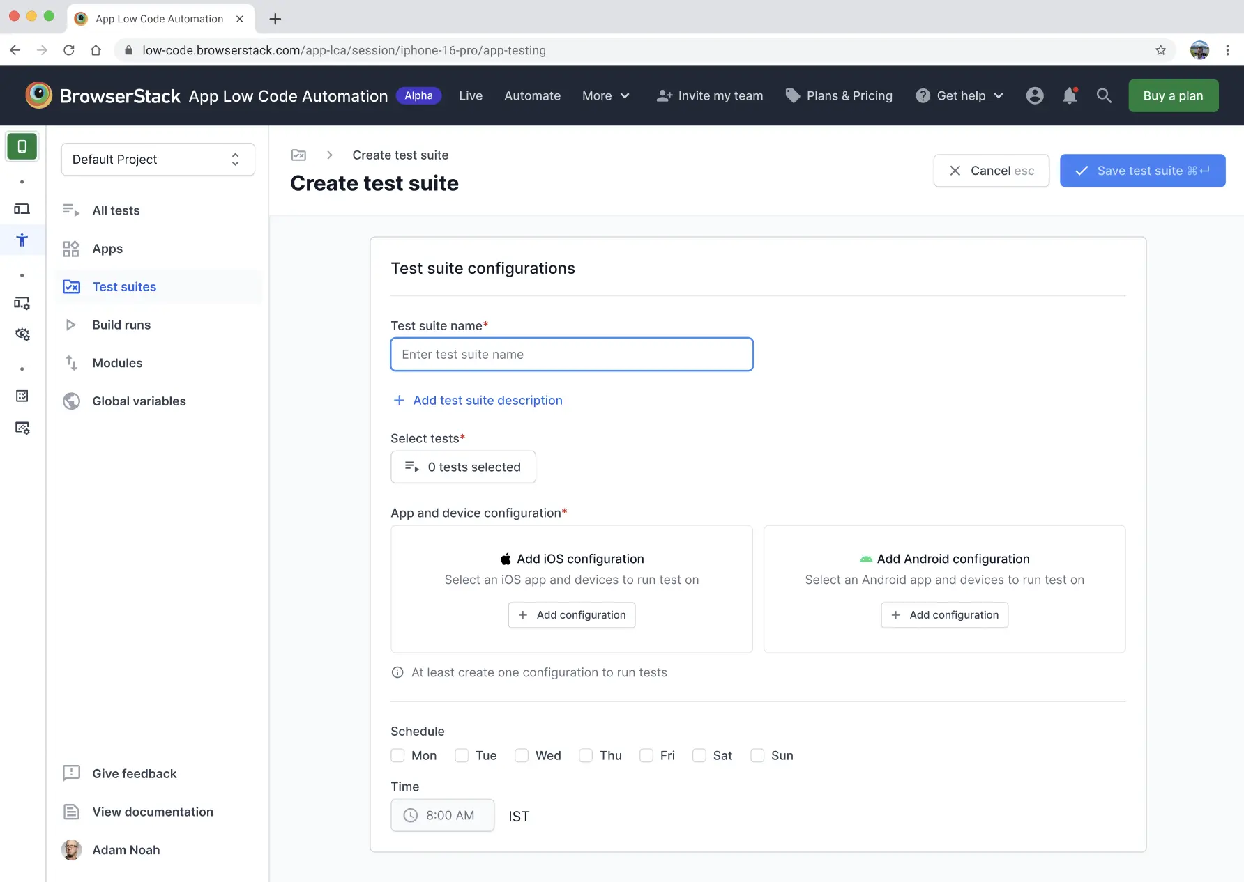Screenshot showing create test suite page