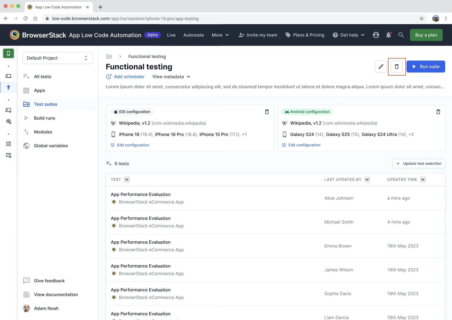 Delete test suite dialog with confirmation button in App Low Code Automation