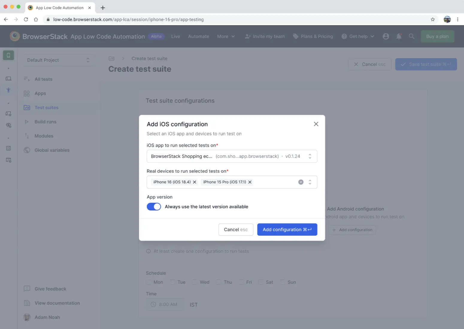 Add iOS configuration dialog showing app selection, device options, and the Always use latest version toggle
