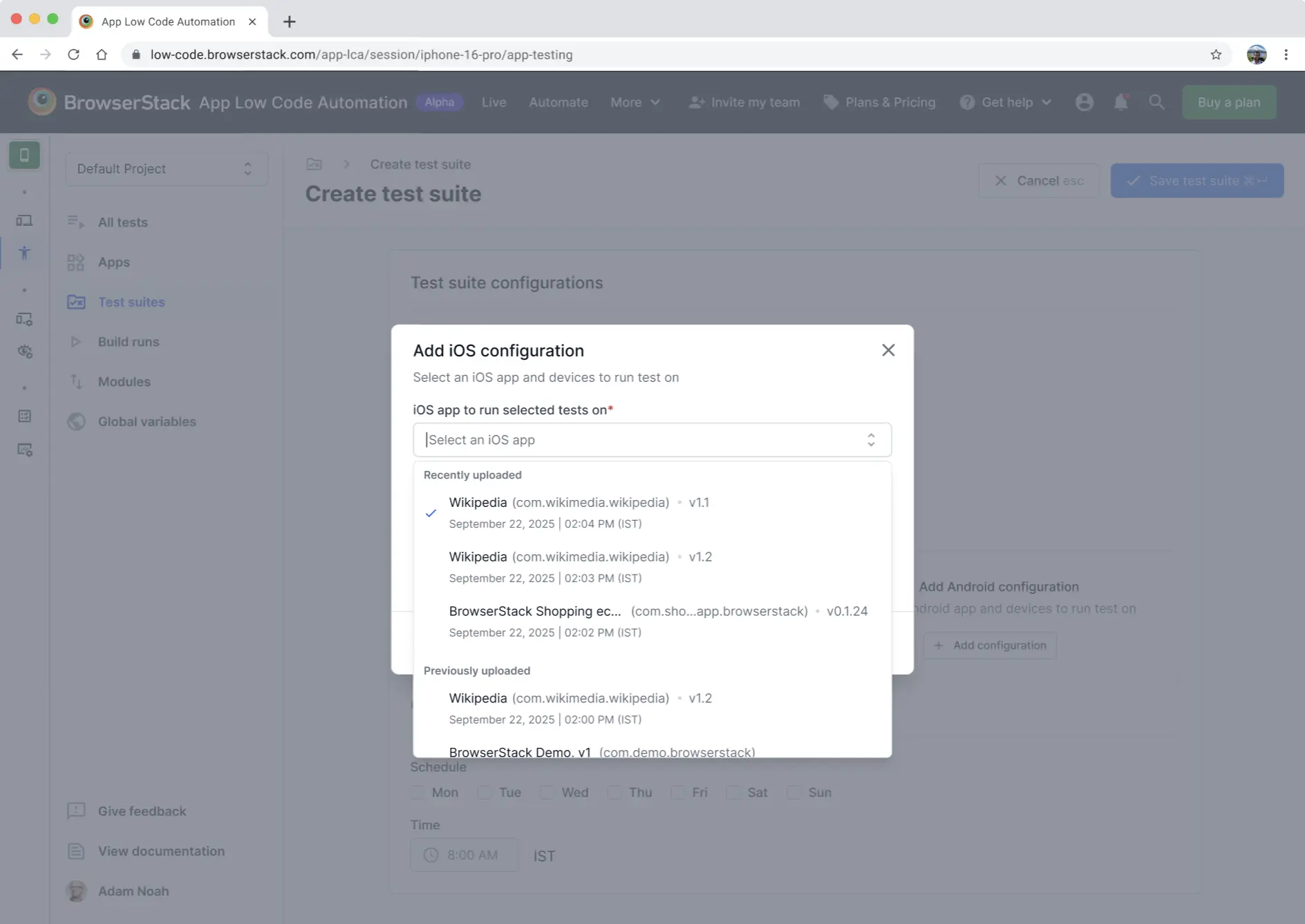 App upload dialog showing options to select and upload a new app in App Low Code Automation